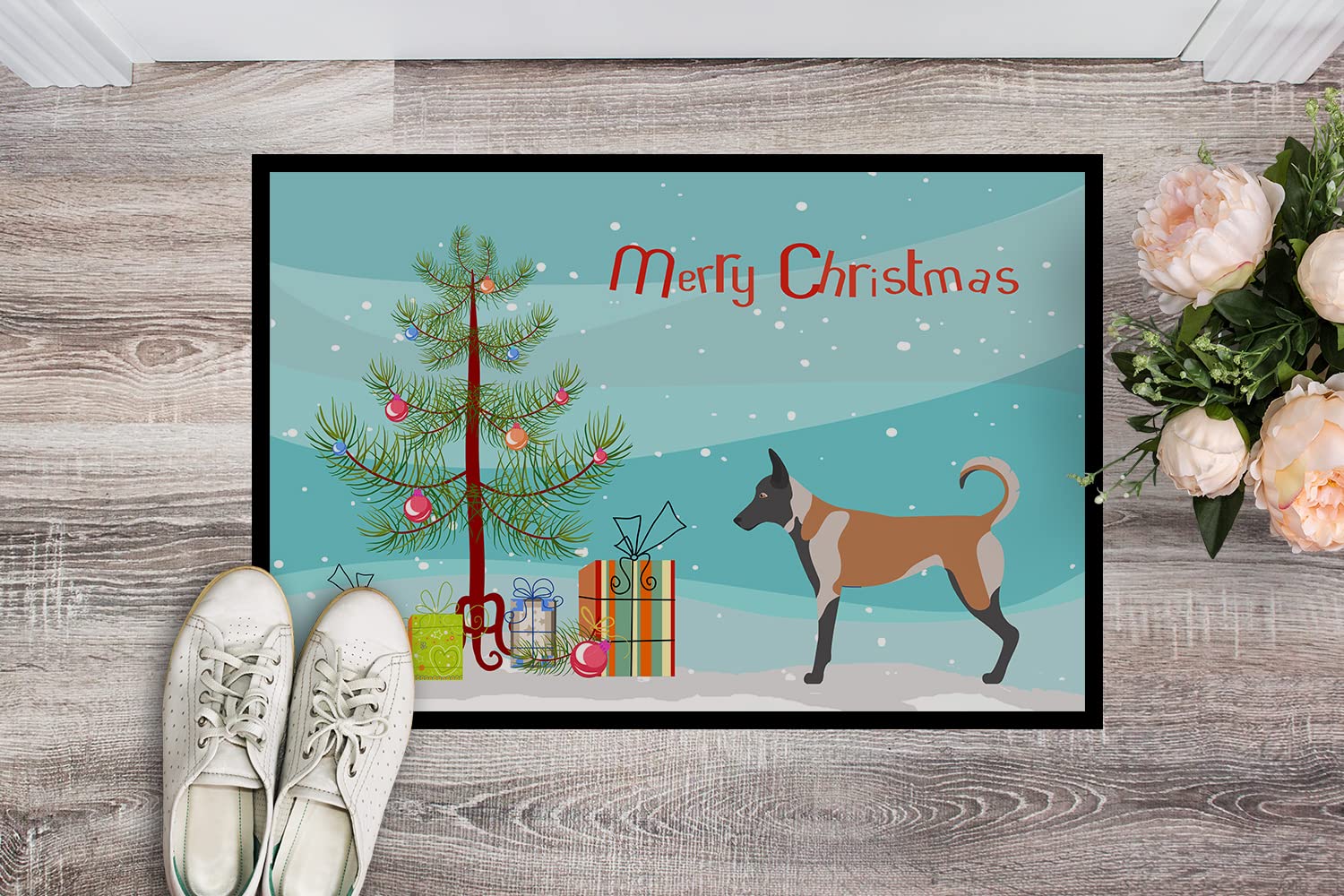 Caroline's Treasures BB8461MAT Belgian Malinois Christmas Doormat 18x27 Front Door Mat Indoor Outdoor Rugs for Entryway, Non Slip Washable Low Pile, 18H X 27W
