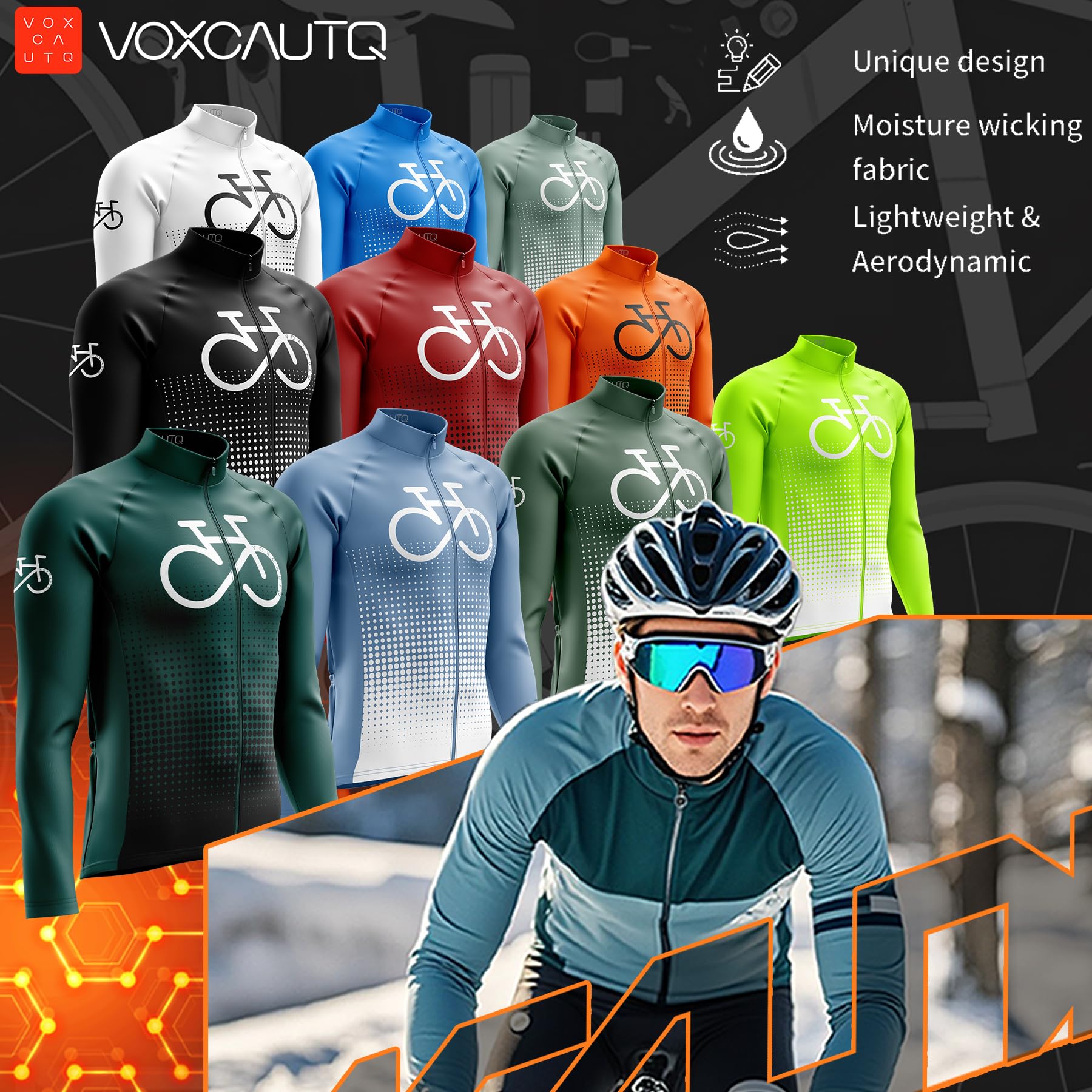 Vêtements Cyclisme Homme Hiver Tenue Cycliste en Polaire Thermique,Maillot Velo VTT Jersey Manche Longue,Ensemble Combinaisons de Cycling MTB Respirant+9D Coussin Gel