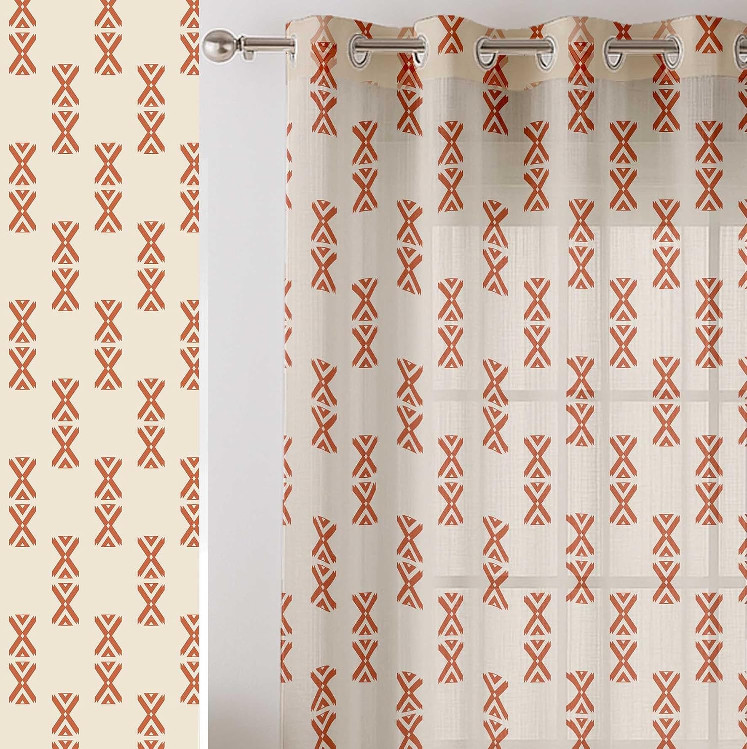 Geometric Design Sheer Curtains for Short Windows – Set of 2 Panels, 63" Length, Grommet Top, Printed Georgette, Light Filtering Drapes for Kitchen or Bedroom