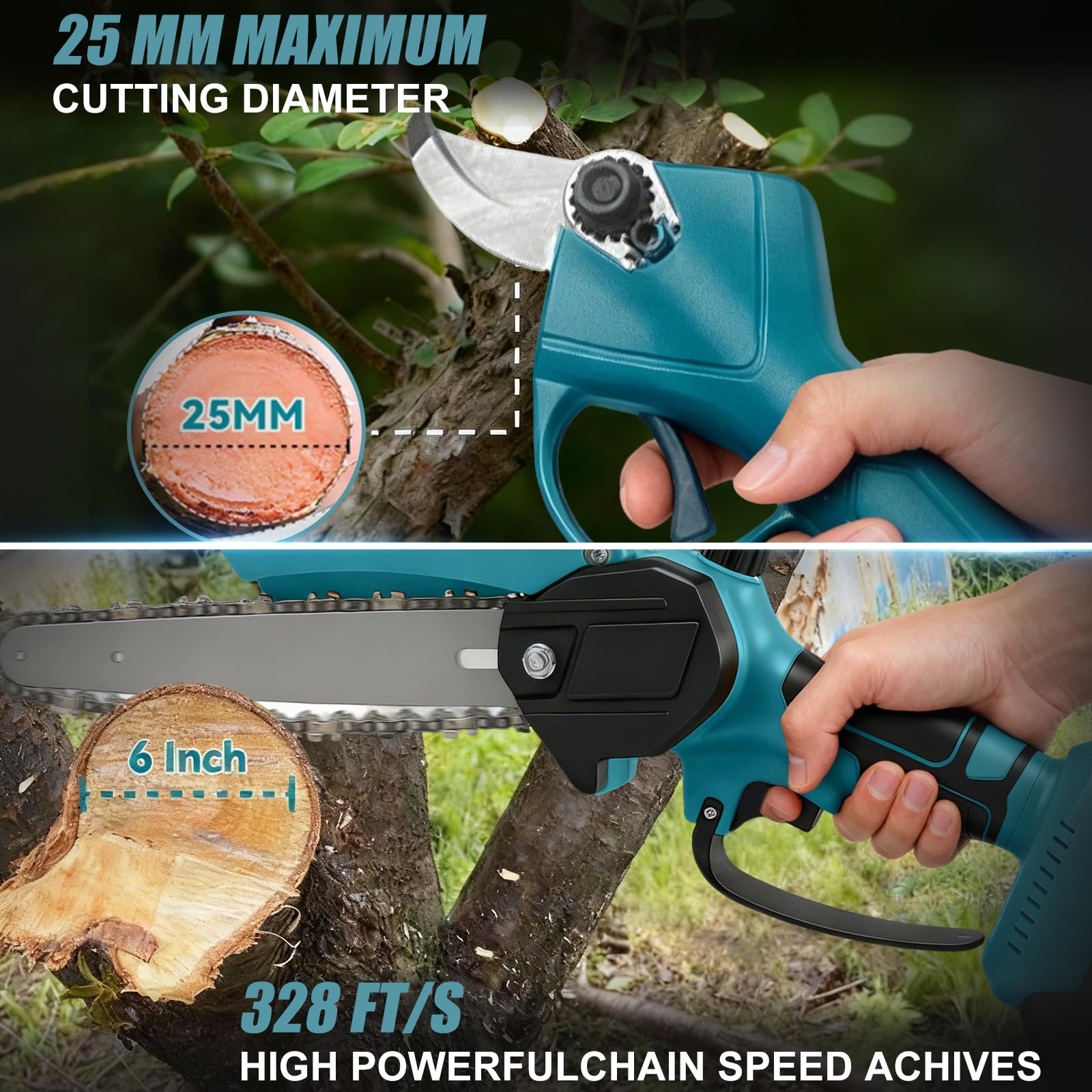 Mini Tronconneuse avec Perche 6 Pouces & Secateur Electrique Telescopique 25 mm, 4 en 1 Perche Élagueuse Télescopique Électrique avec 2 * 3000 mAh Batteries, Portée Maximale 4,2 m