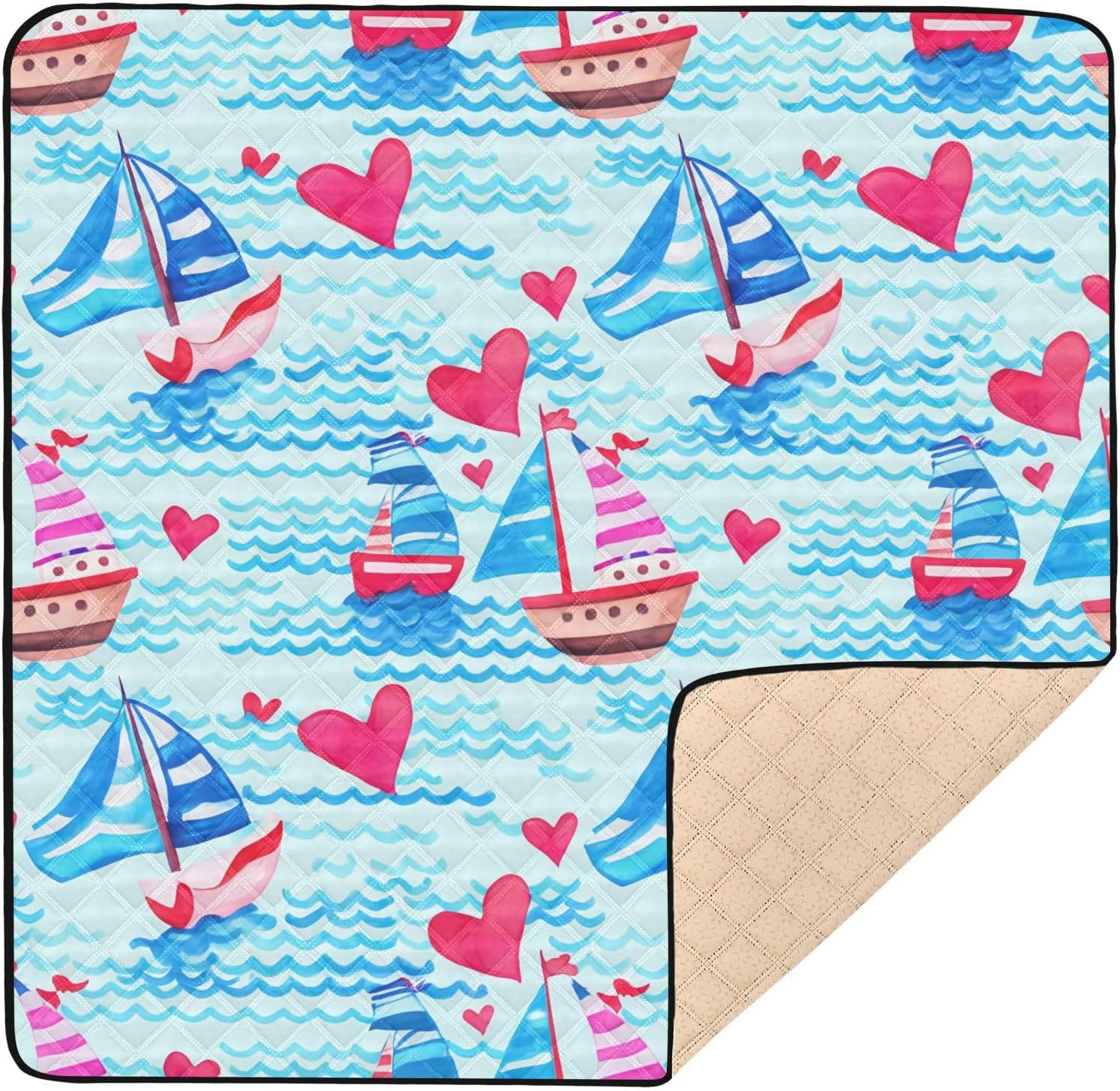 Watercolor Boats Baby Play Mats for Floor 50x50 inch Waterproof Anti-Slip Playpen Mat Soft Nursery Area for Infant Kids and Toddler Crawling