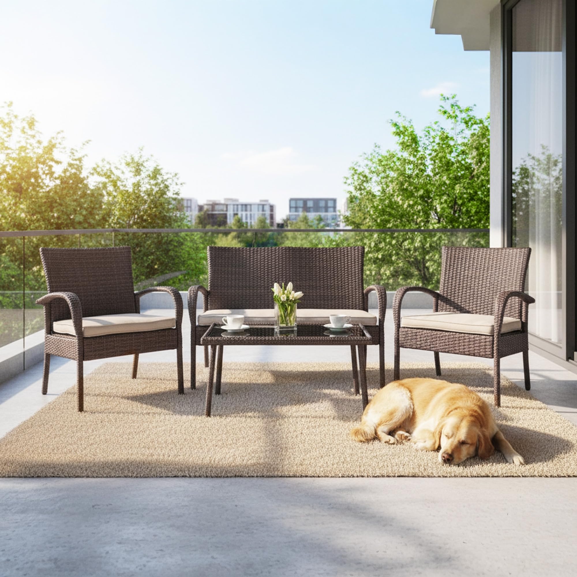 DEVOKO Marbella Outdoor Wicker Patio Furniture 4-Piece Waterproof Sofa with Washable Cushion and Center Table for Outdoor Garden Balcony Backyard (Dark Brown & Cream)