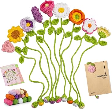 GarfxG Crochet Kit for Beginners Adults, 10 Flower Bookmarks Beginner Crochet Kit Include Knitting Yarn, Step-by-Step Video Tutorial, Hook, Holiday Birthday Christmas Gift for Friends Families