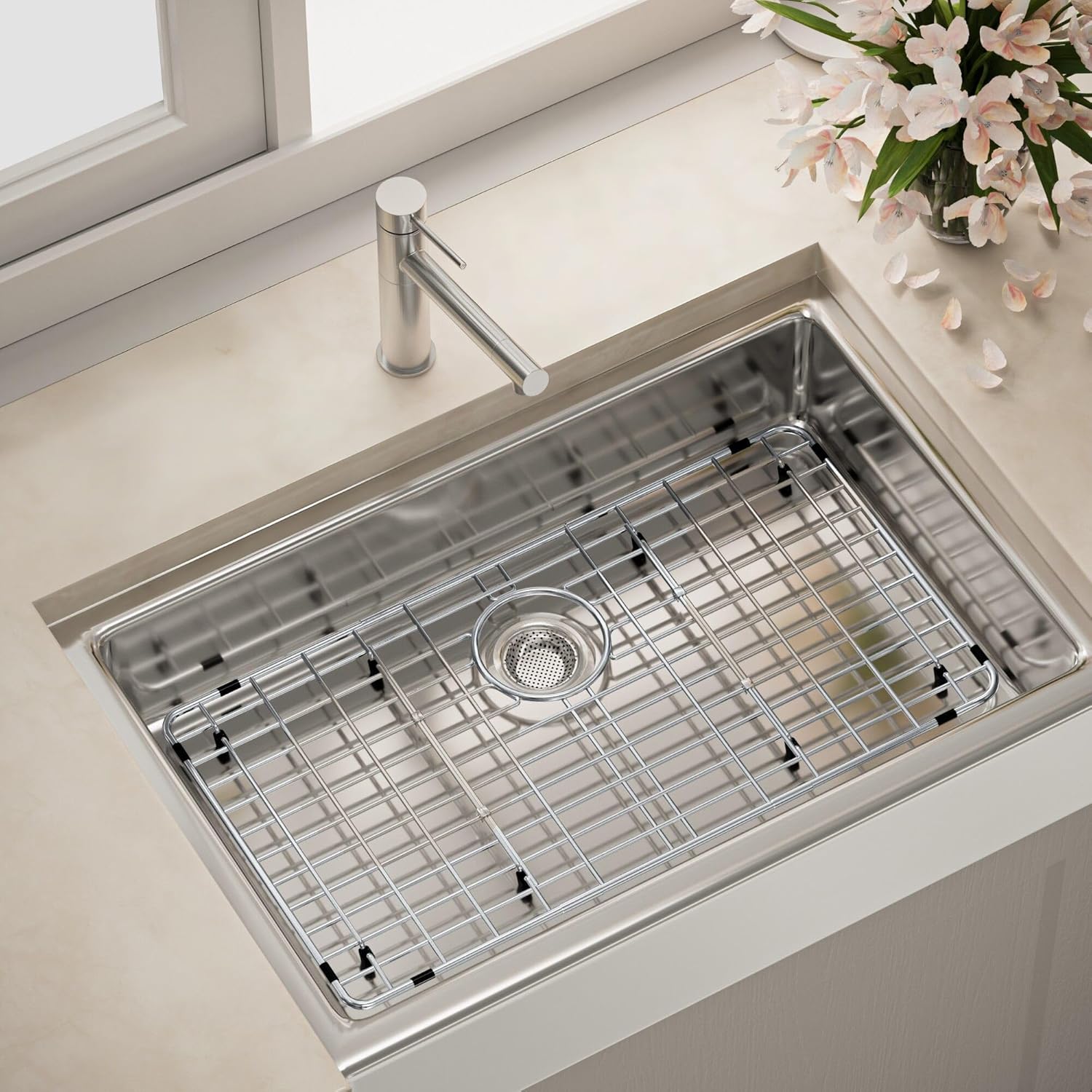 metal sink protector for kitchen sink,large sink rack 28-3/4" x 15-3/4",stainless steel sink grid for bottom of sink,sink grate with rear drain hole for single bowl with strainer,1 pack