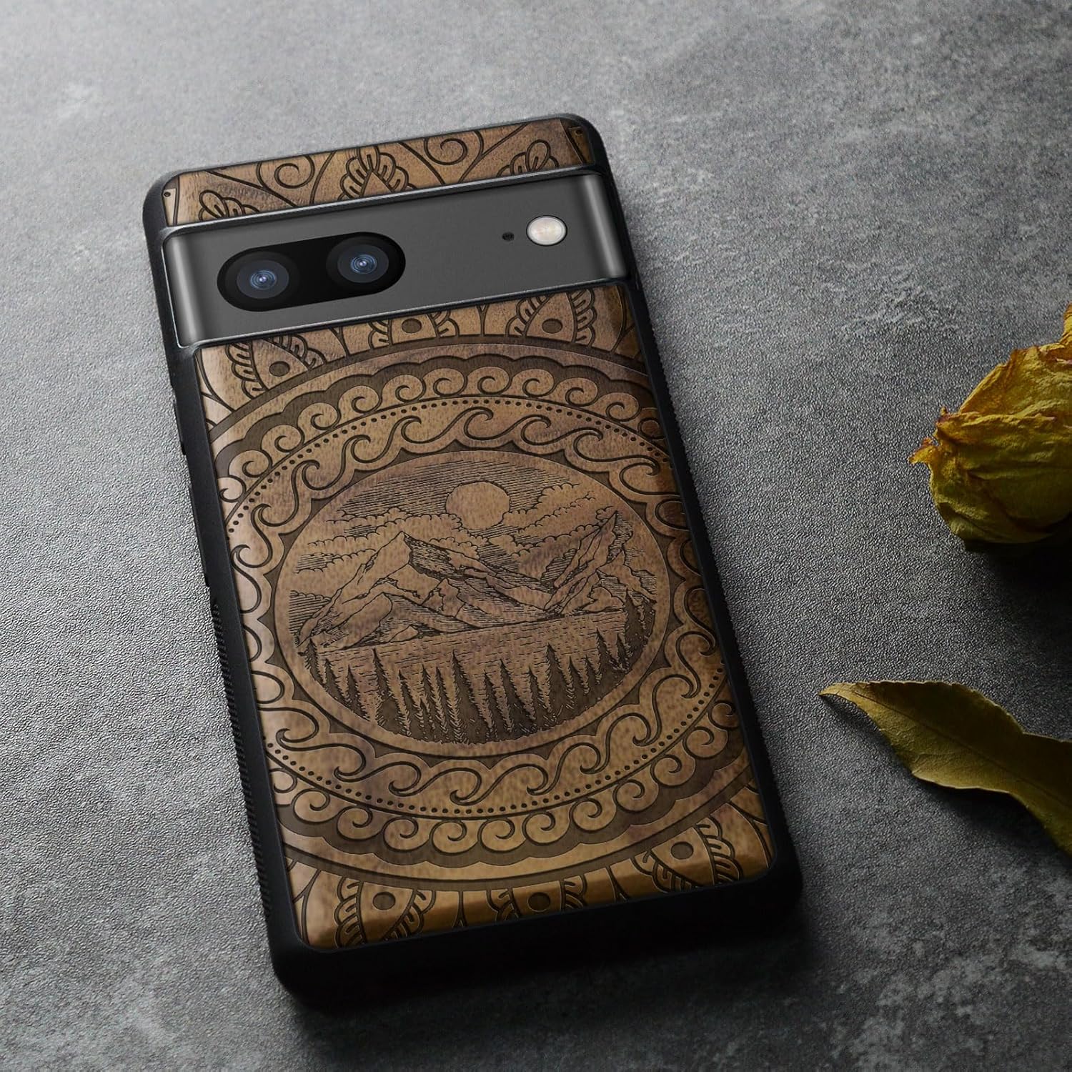 Carveit Wood Case for Pixel 8 Case [Natural Wood & Black Soft TPU] Shockproof Protective Unique Wooden Cover Compatible with Google Pixel 8 (Paisley and Nature-Walnut)