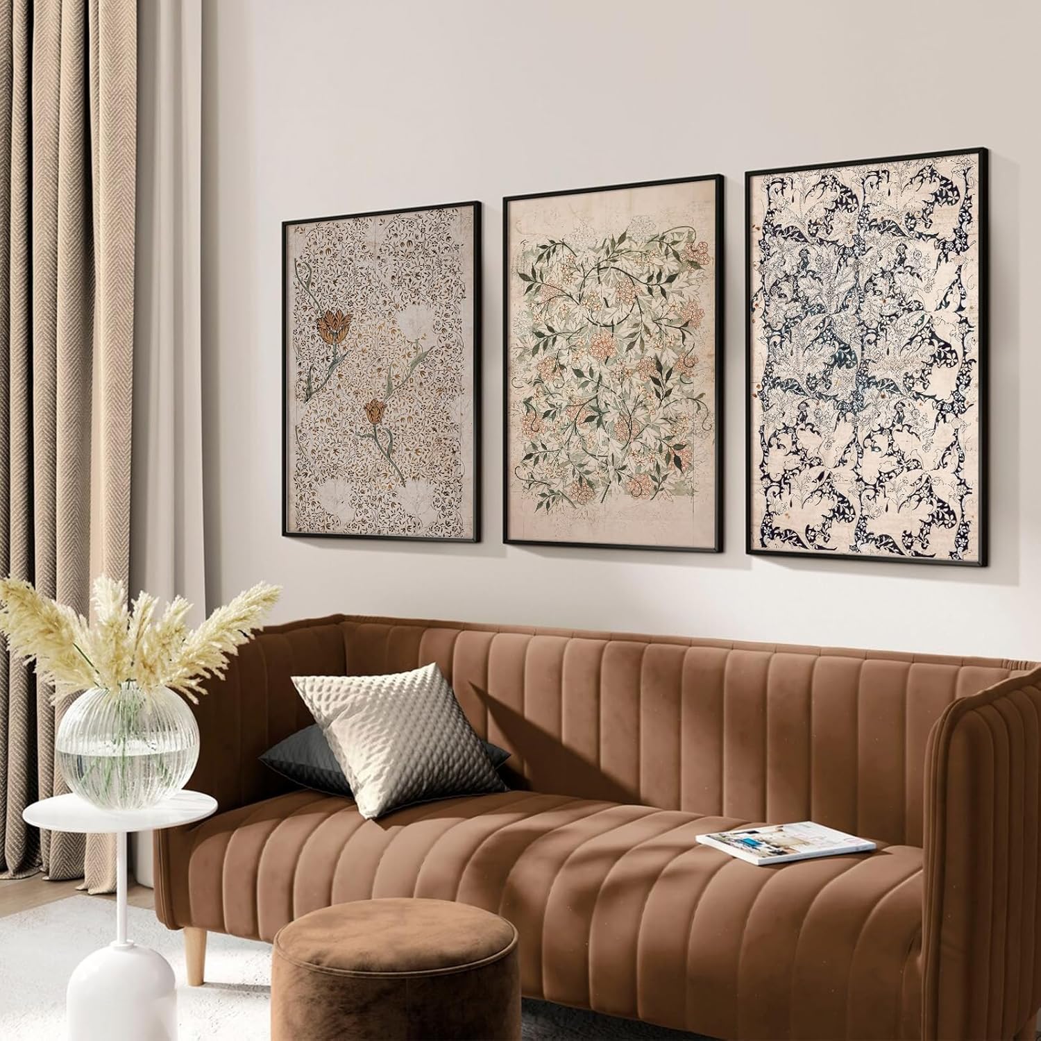 Vintage William Morris Wall Art Decor Boho Floral Botanical Canvas Pictures Abstract Neutral Flower Prints Vintage Farmhouse Artwork Painting for Living Room Bedroom 16x24 Inch Unframed Set of 3