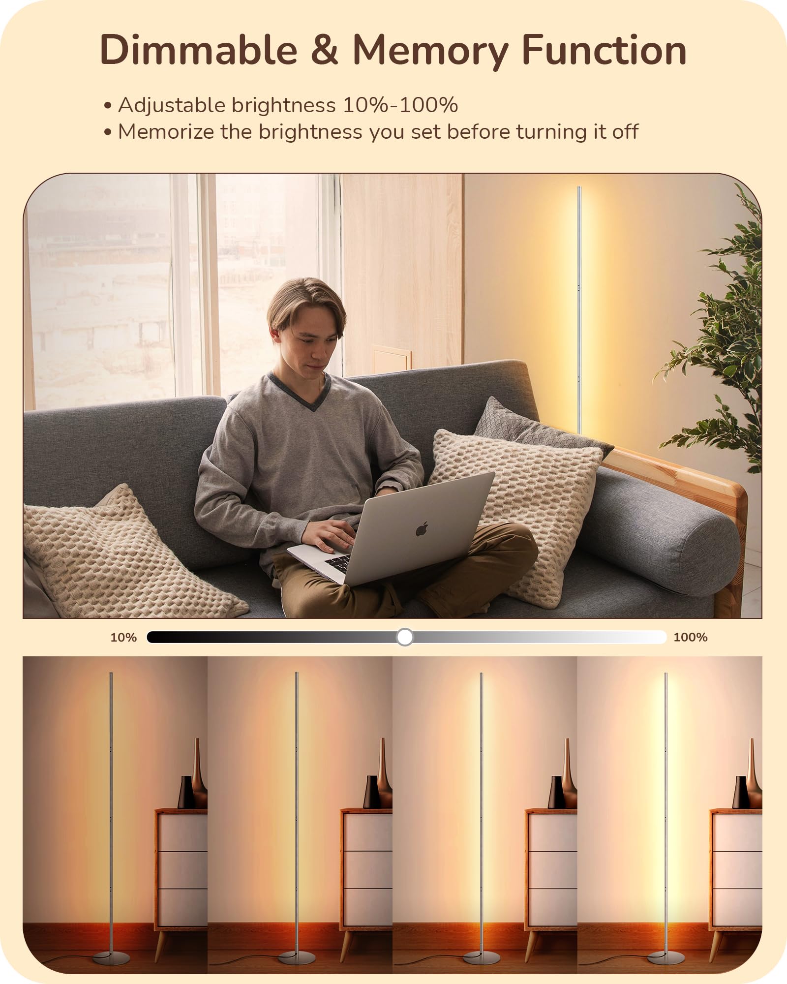 EDISHINE 2 Pack LED Floor Lamp, 146cm Minimalist Dimmable Standing Lamp with Foot Switch, Stepless Dimming - Image 2