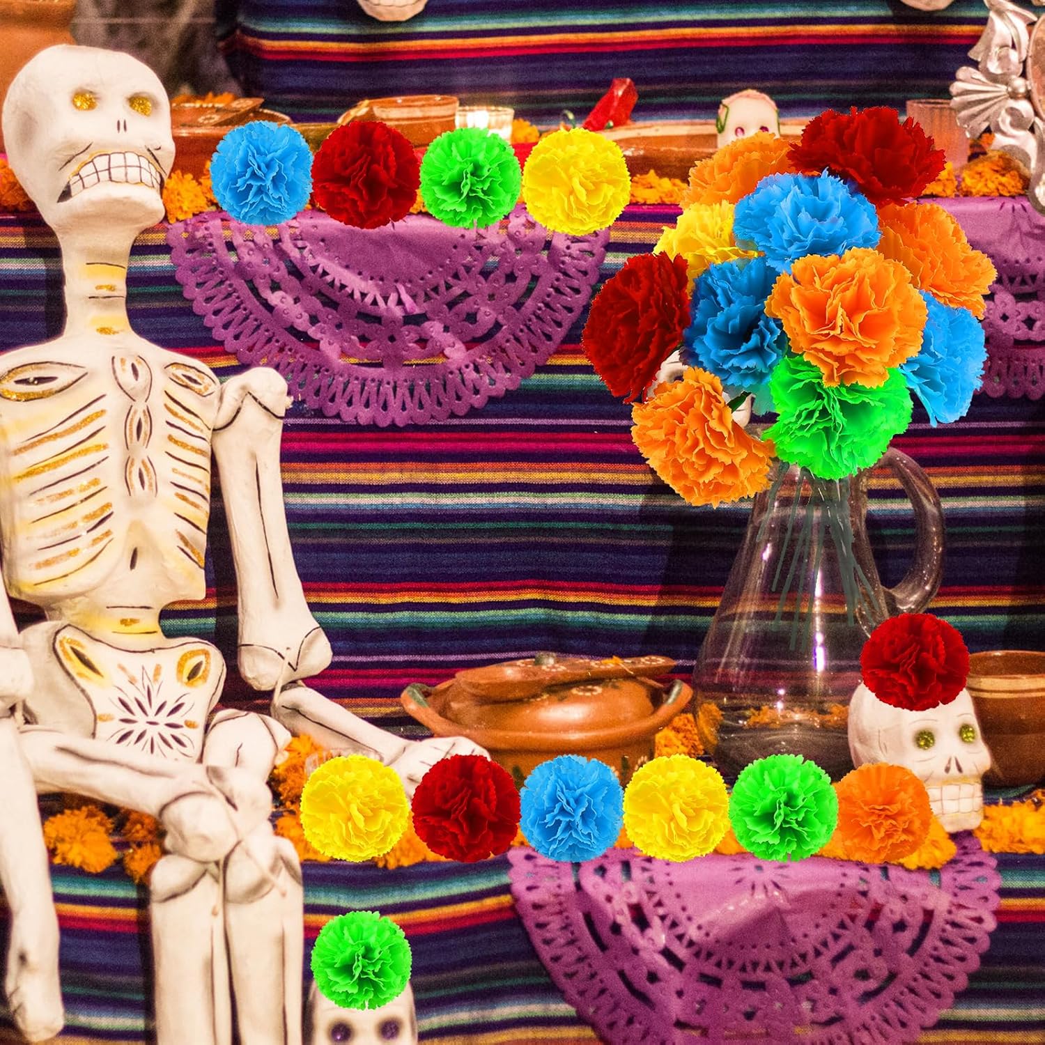 JMUQ 80Pcs Artificial Marigold Flowers, 2inch Silk Marigolds with Stems, Colorful Artificial Flowers for Diwali Home Decor Marigold Garland Day of The Dead Decorations - Image 4