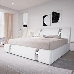 Allewie King Size Bed Frame with Iron Piece Decor Faux Leather Upholstered Platform Bed with Curved Adjustable Headboard