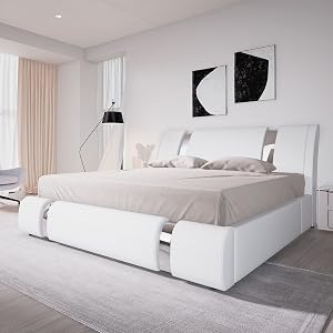 Allewie King Size Bed Frame with Iron Piece Decor Faux Leather Upholstered Platform Bed with Curved Adjustable Headboard