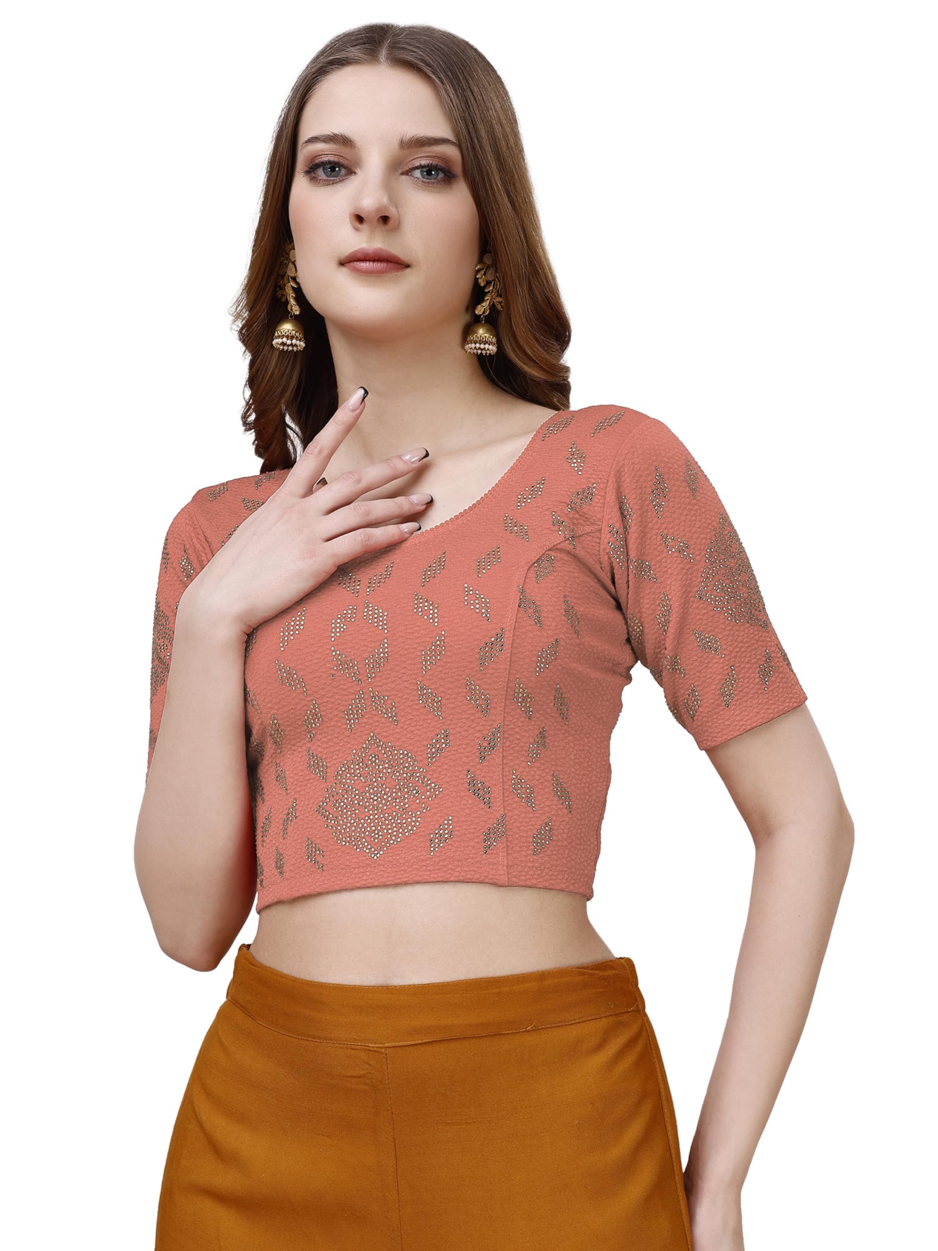 Pujia MillsWomen's Readymade Hosiery Lycra Stretchable Round Neck Half Sleeve Blouse with swaroski Work Fancy Lycra Stretchable Blouse for Women Readymade Saree Blouse