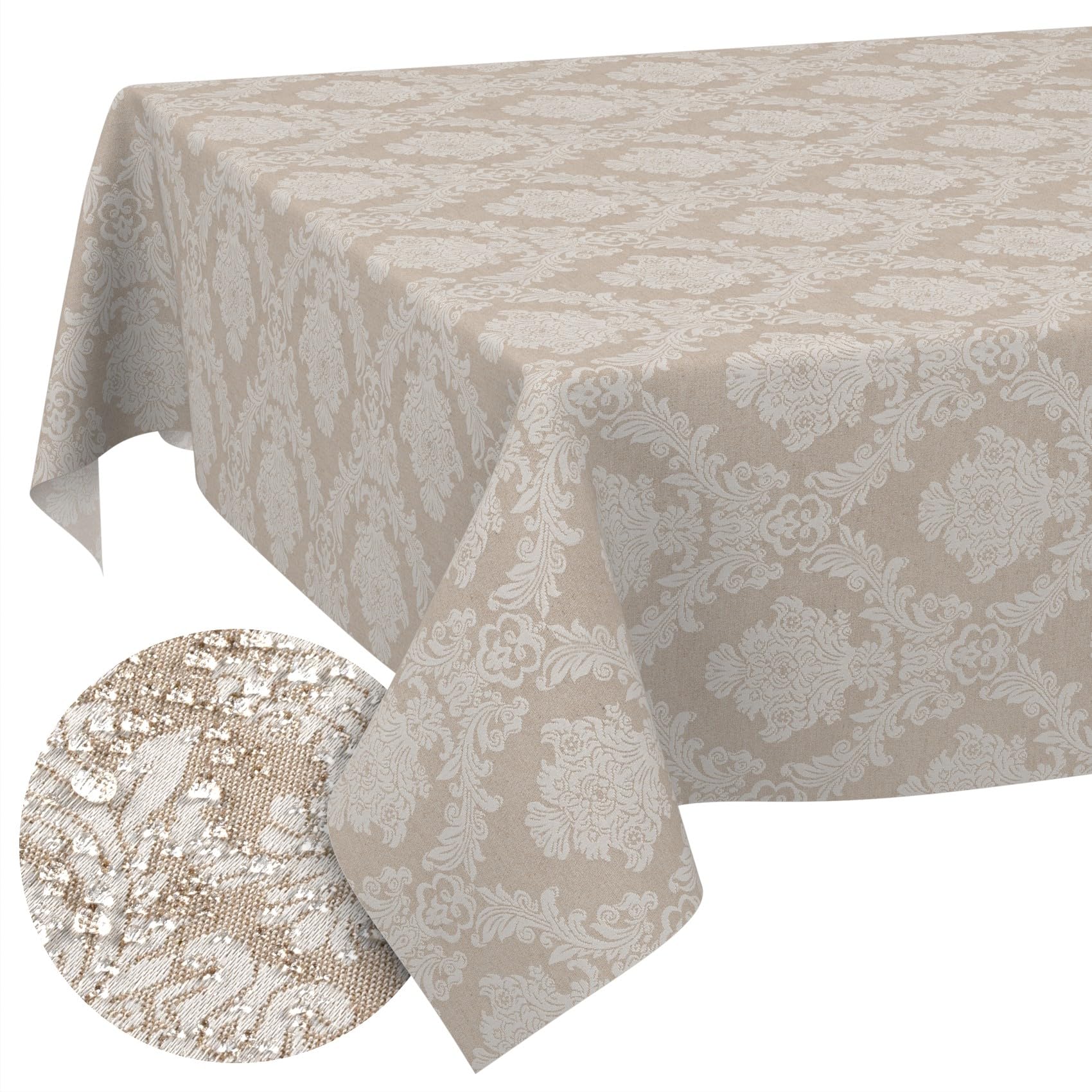 Stoff Tischdecke Textil Tischwäsche Tischtuch Baumwolle Polyester abwaschbar Uni Ornament Damast Jacquard Gewebe waschbar Barock Beige 350x140cm Schnittkante
