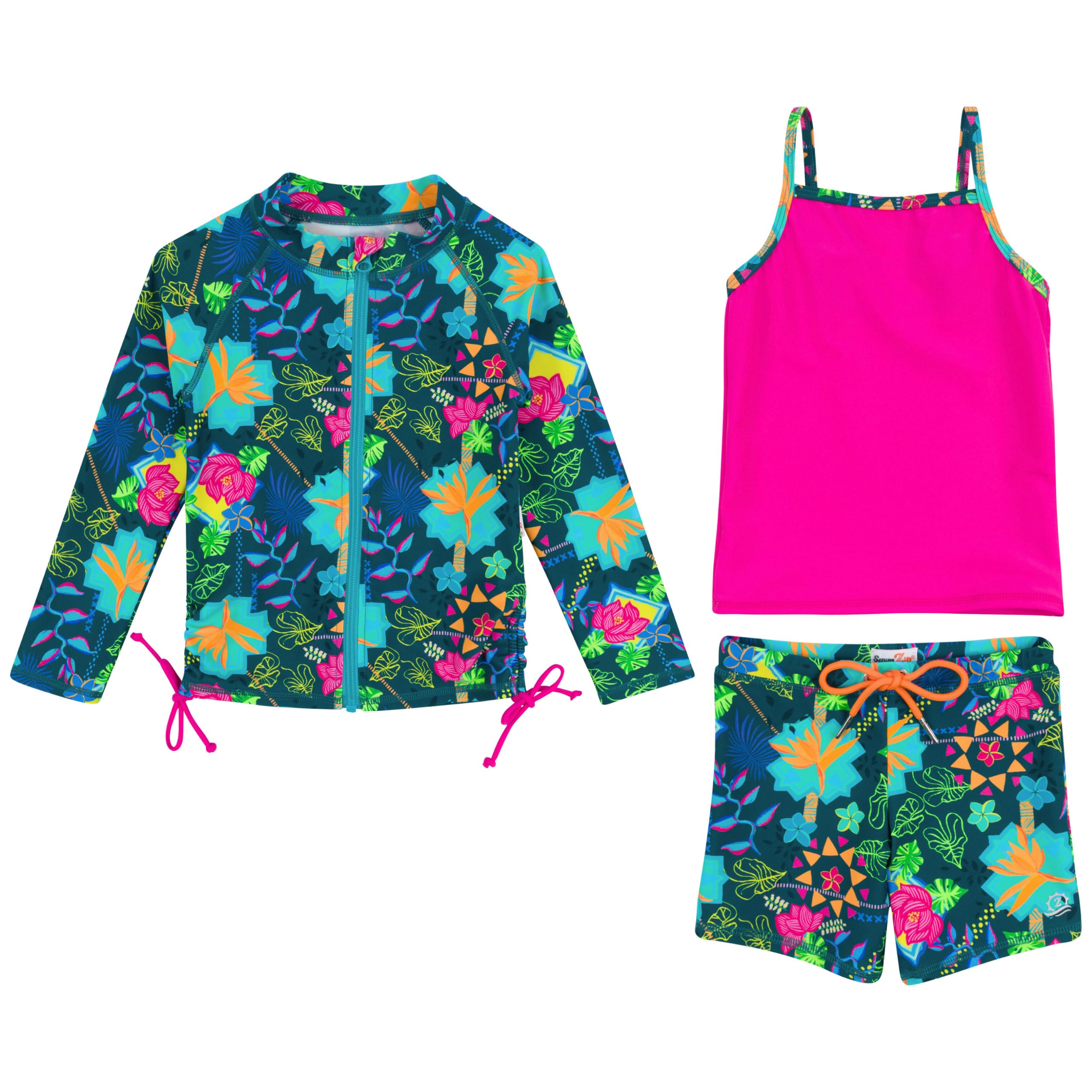 SwimZip Girls' 3-Piece Rash Guard Swimsuit Long Sleeve UPF 50+ Bathing Suit