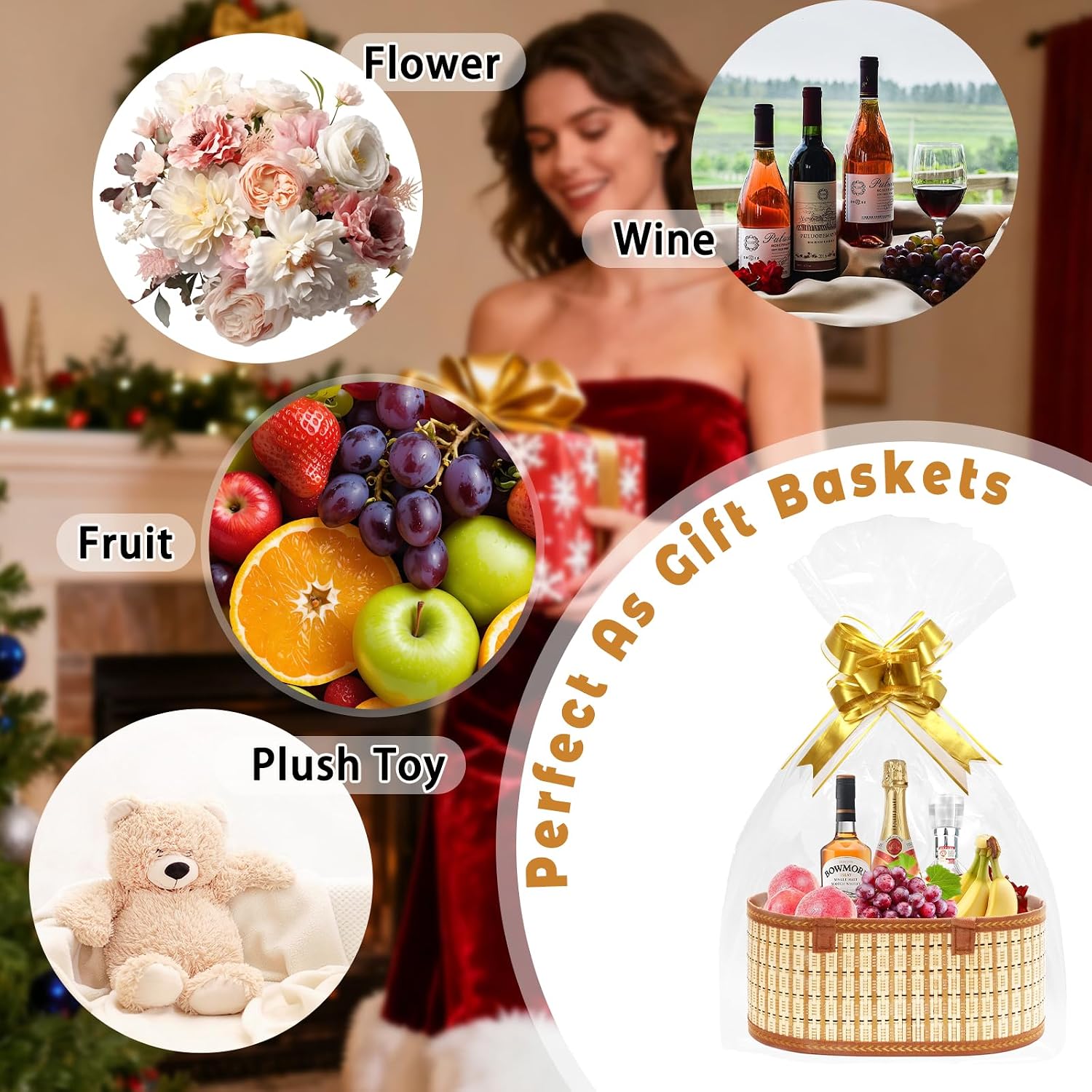 Mapaim 4 Pack Baskets for Gifts Empty,Large Gift Basket Kit with Cellophane Wrap & Bows, Woven Bamboo Gift Baskets with Handles, Ready to Gift Set for Birthday, Holiday, Baby Shower, Easter（Oval） image 3