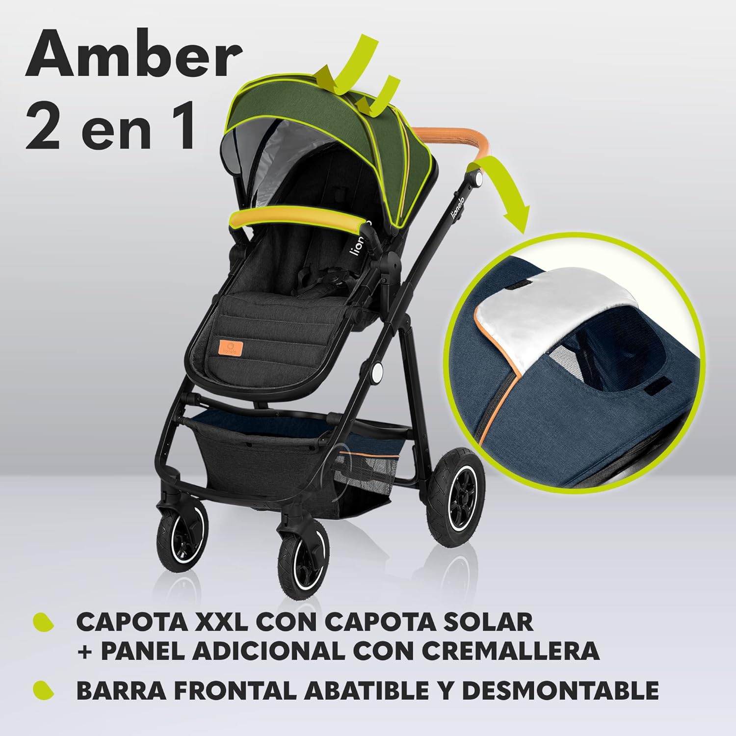 LIONELO Amber stroller with XXL canopy, showing additional panel and removable front bar