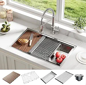 GarveeHome Undermount Kitchen Sink, 32x19 Inch Stainless Steel Kitchen- Single Bowl Sinks, Modern Top Mount 16 Gauge Workstation Sink-with Cutting Board for Bar, Silver (Not Included Faucet)