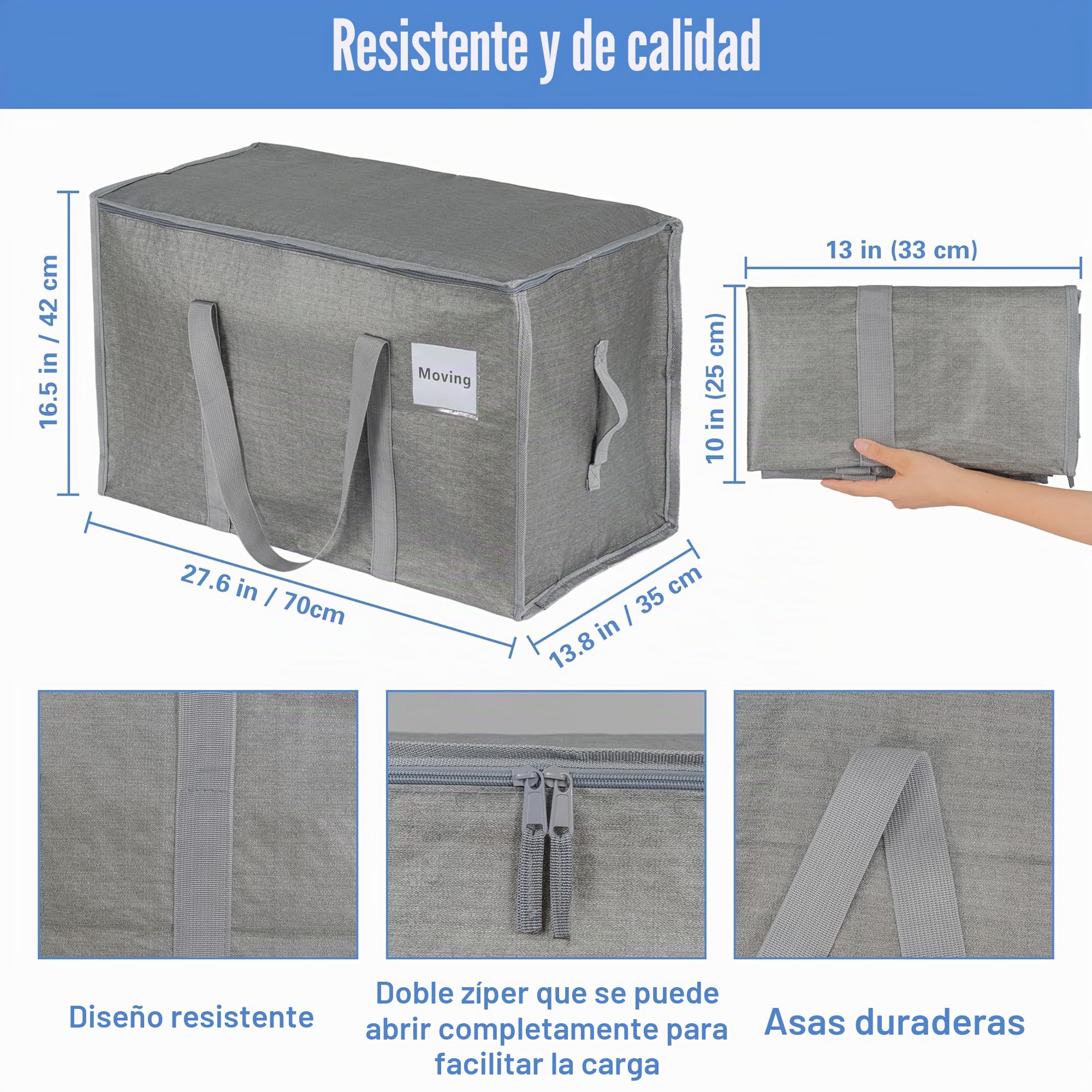 4 unidades de bolsas de almacenamiento grandes de 90 litros con tapa, cajas de mudanza plegables grandes con cremalleras, asas, bolsas de mudanza para guardar ropa, para mudanzas