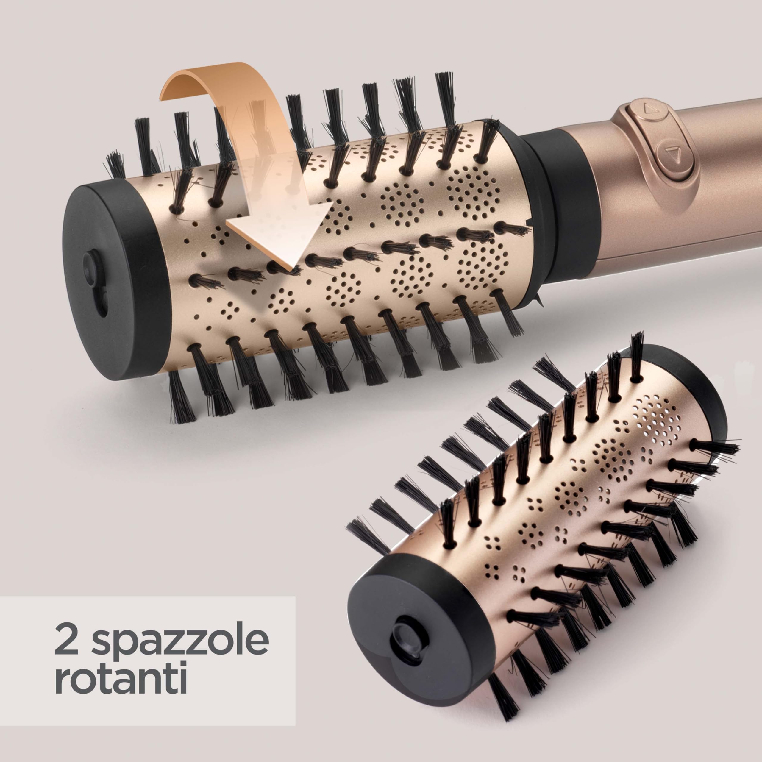 BaByliss Big Hair Dual Spazzola ad aria rotante, funzione ionica, 2 accessori spazzole da 50mm e 40mm, 2 direzioni di rotazione, 2 temperature + aria fredda, nero e oro, AS952E