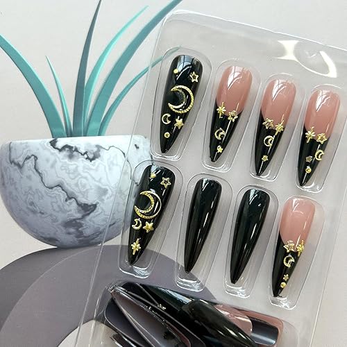 Miniatura 4 de Uñas postizas a presión estilo stiletto, uñas postizas de Halloween, uñas negras de bruja con diseños de estrellas y luna, uñas acrílicas brillantes