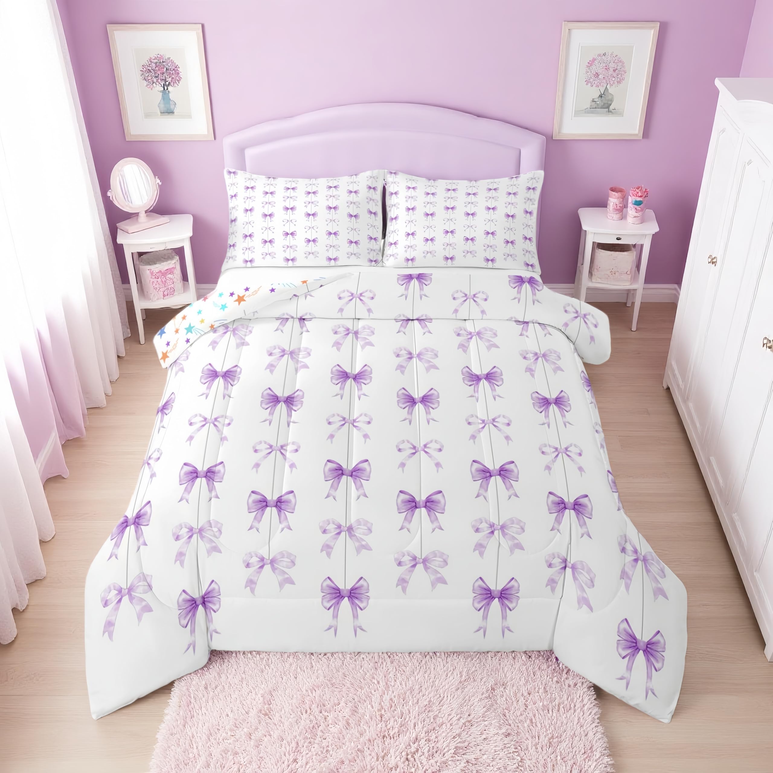 Erosebridal Purple Bow Tie Twin Comforter Set for Girls | Purple Coquette Bows Bedding Sets for Kids Women, Princess Ribbon Bow Bed Set, Cute Preppy Bowtie Room Decor, 1 Pillowcase
