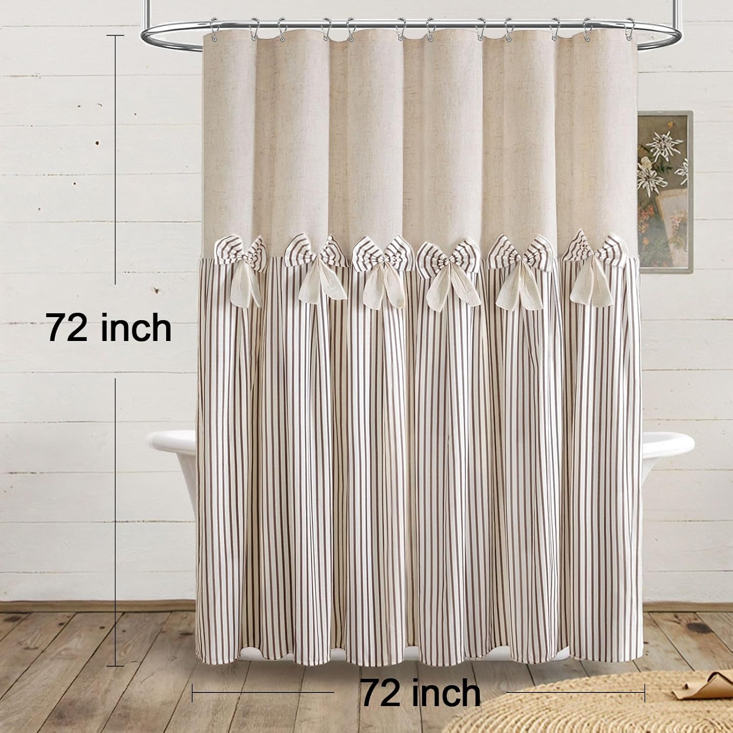 Farmhouse Shower Curtain Linen Beige Bow Woven Fabric Country Rustic Western, Pleated Brown Stripe 72" W x 72" L
