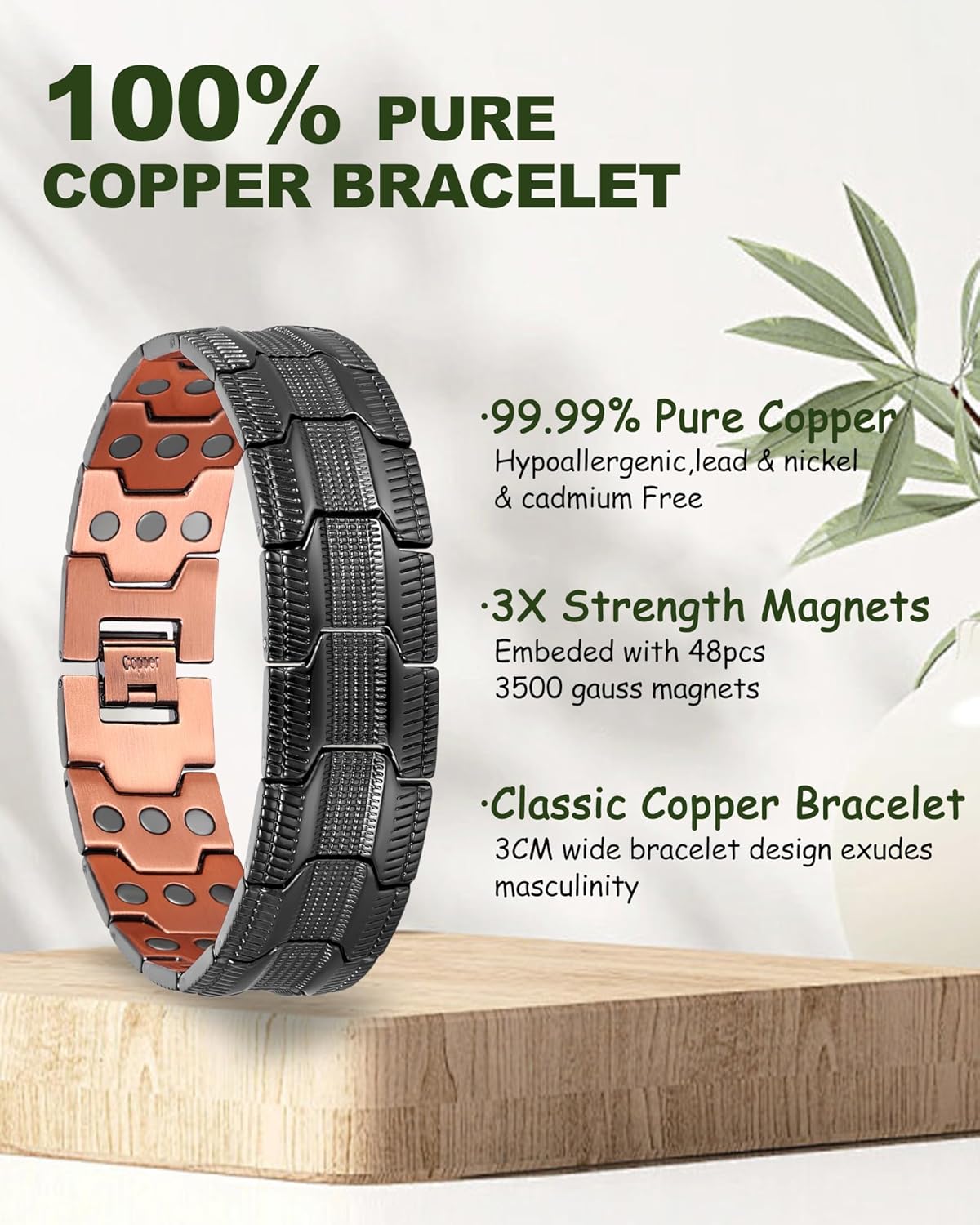 MagEnergy Copper Bracelet for Men, 3X Strength Magnetic Bracelet with 99.99% Pure Copper Ring & 3500 Gauss Magnets, Adjustable Length with Sizing Tool - Image 2