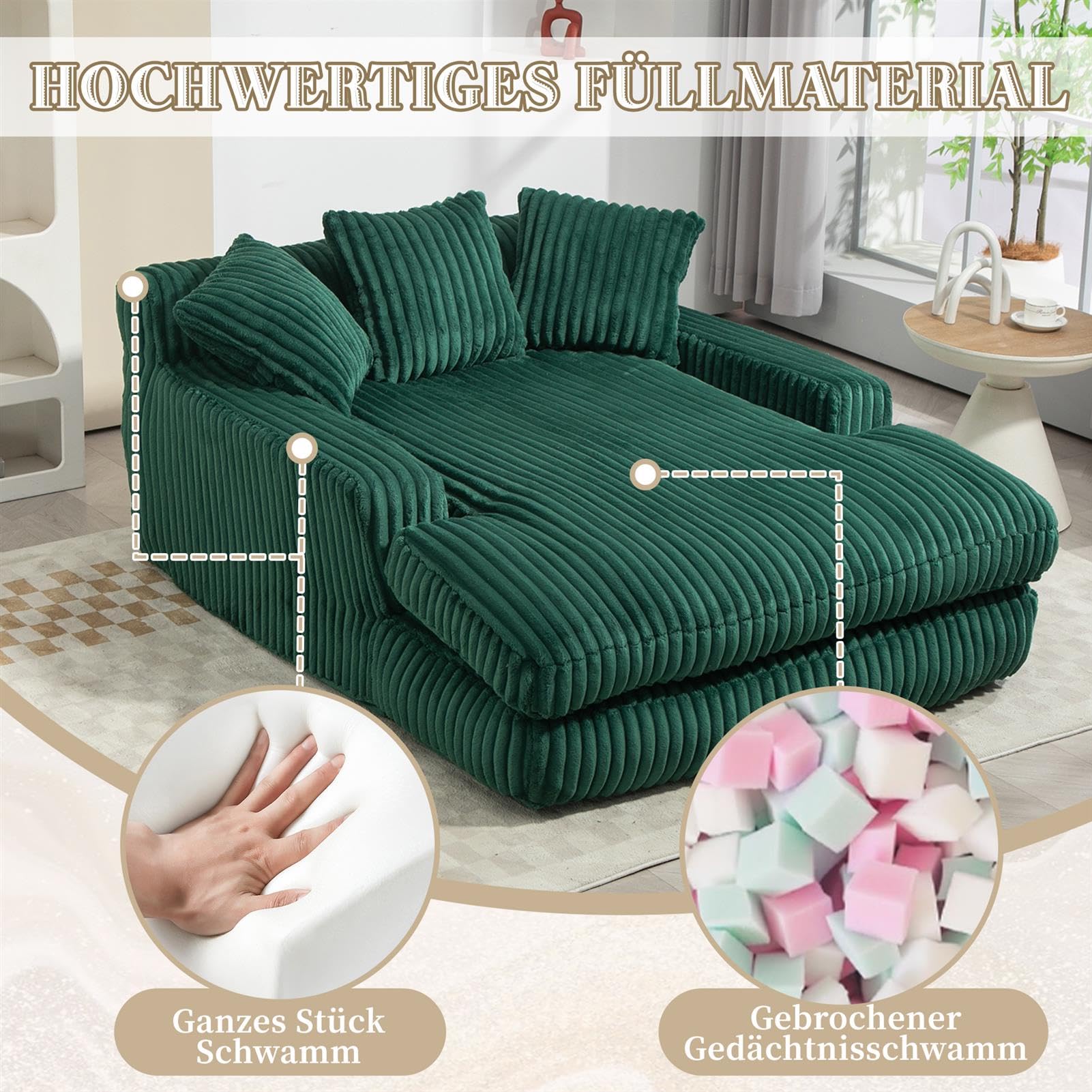 Cord Schlafsofa Cloud Couch mit 3 Weichen Kissen, 155 cm Lange, Rahmenlose Chaiselongue mit Extra Tiefer SitzfläChe, Bequemes Einzelsitz Bodensofa für Wohnzimmer, Wohnung Oder BüRo