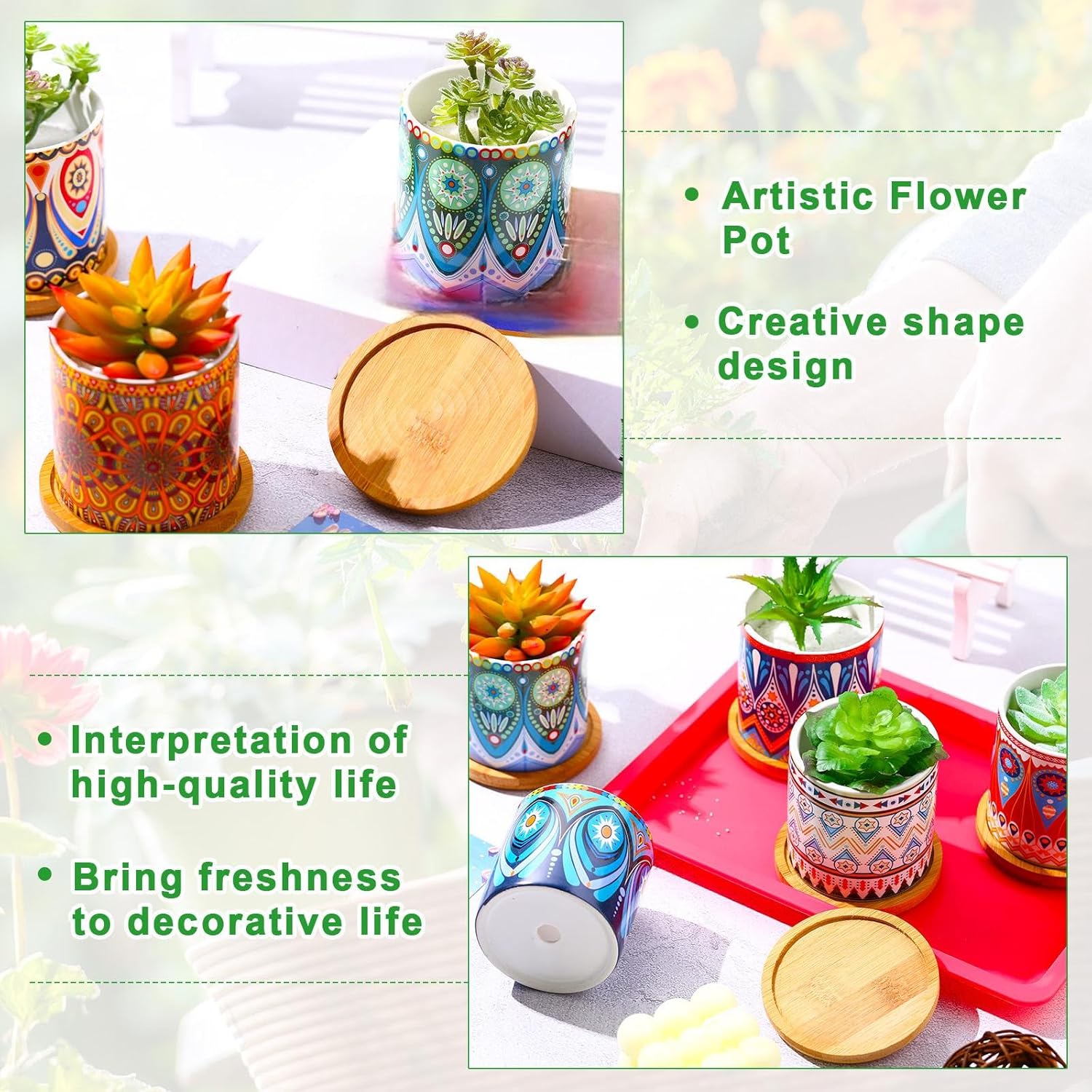 Zopeal 12 Pcs Mandala Ceramic Succulent Pots with Bamboo Trays, Colorful Boho Spring Decor Planters, Small Cactus Plant Pots for Desk Shelf Windowsill, Fiesta Home Decor
