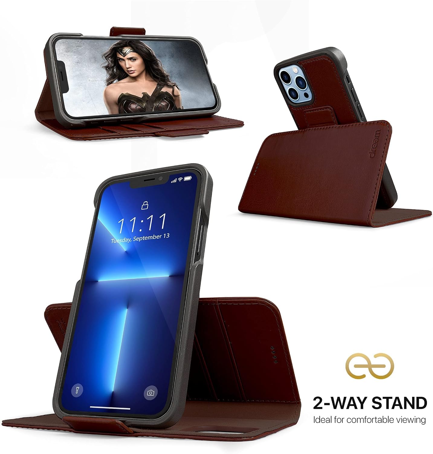 Dreem Bundle: Fibonacci Wallet-Case for iPhone 13 Pro Max with Om for Apple AirPods 3 Case [Coffee]