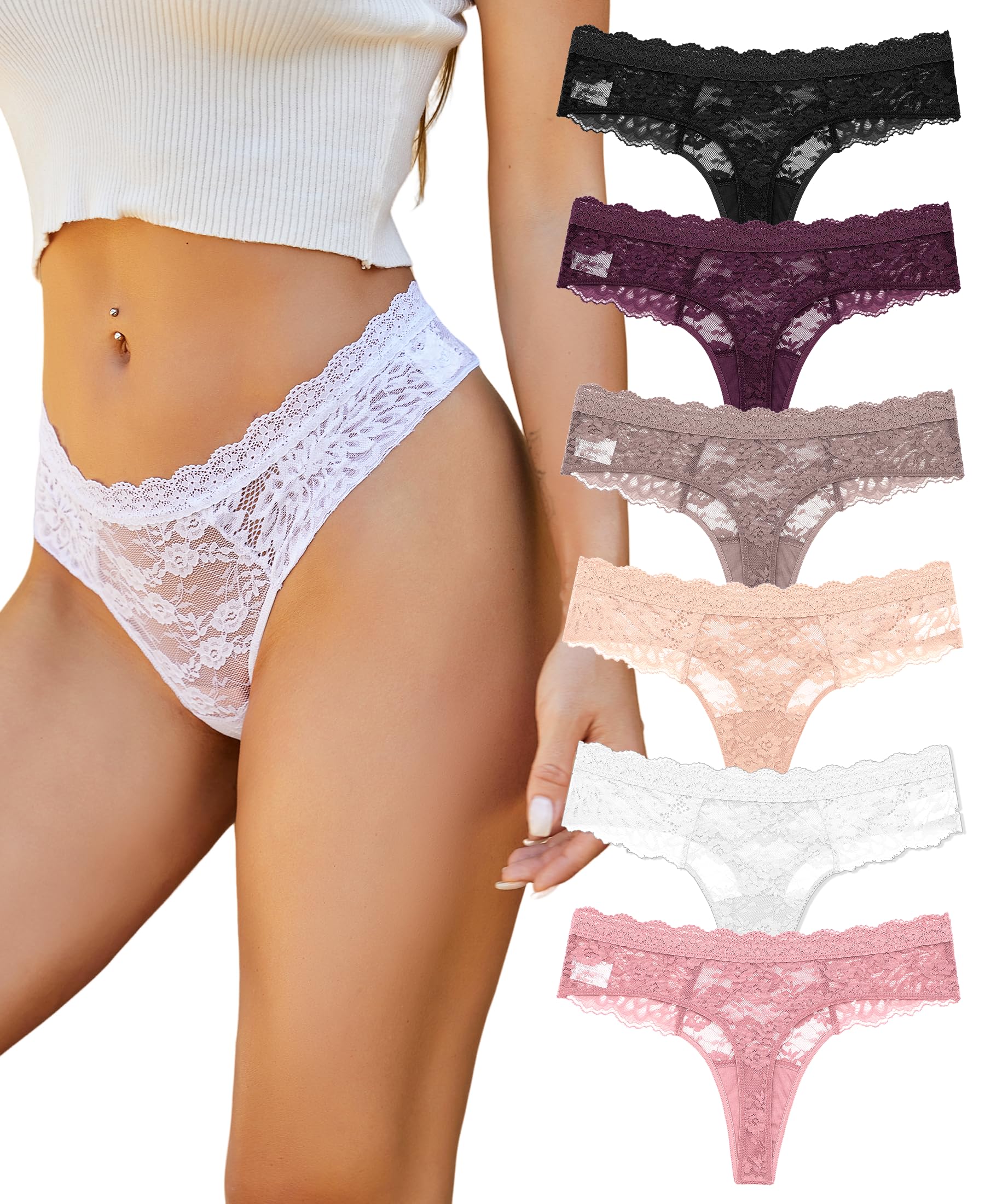 ALL OF SHE 6er Pack String Tanga Damen Spitze Unterhosen Frauen Underwear Lace Unterwäsche Thongs Women Mehrpack S-XL