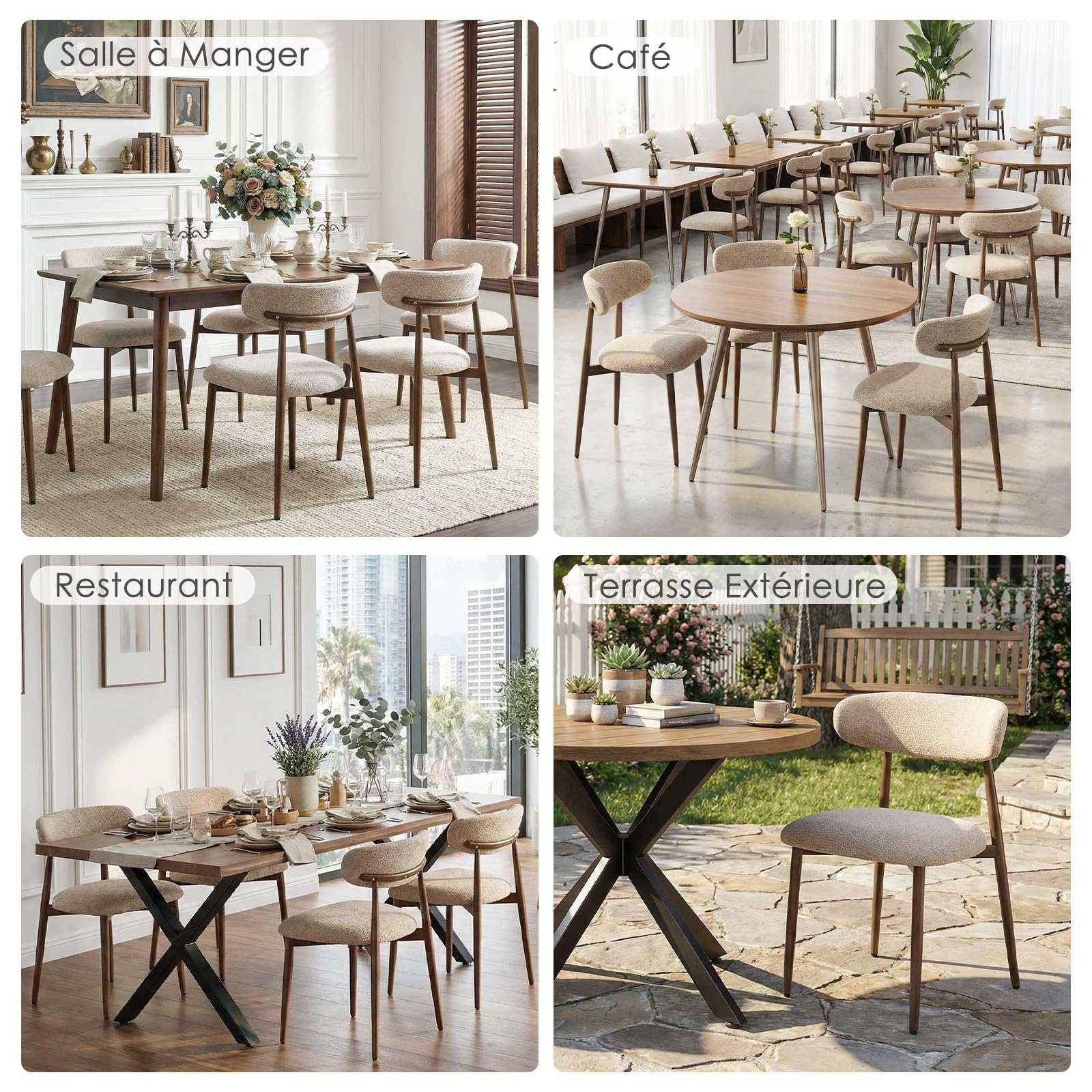 Lot de 4 Chaises de Salle à Manger, Chaises de Cuisine en Tissu Chenille, Fauteuil Salon Rembourrée avec Cadre en Métal en Noyer pour Salle à Manger Salon Cuisine Terrasse, Camel