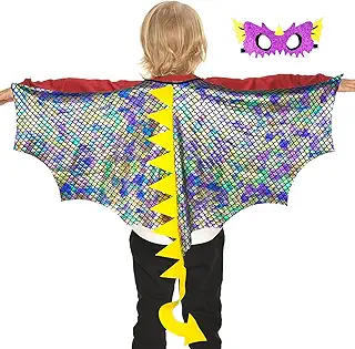 [Gegizun] Disfraz de alas de dragón para niños, máscara de dinosaurio, capa de disfraz para niños y niñas, regalos de fiesta de Halloween, juguetes (arcoíris)