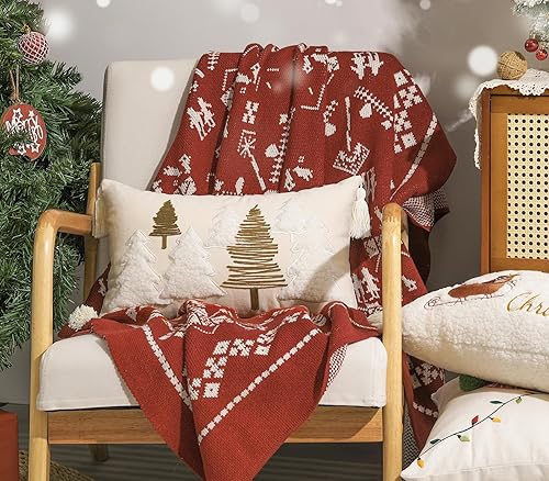 Miniatura 3 de Fundas de almohada de Navidad, 12 x 20 pulgadas, 1 unidad suave de terciopelo de pellets bordados de árboles marrón y blanco, funda de almohada