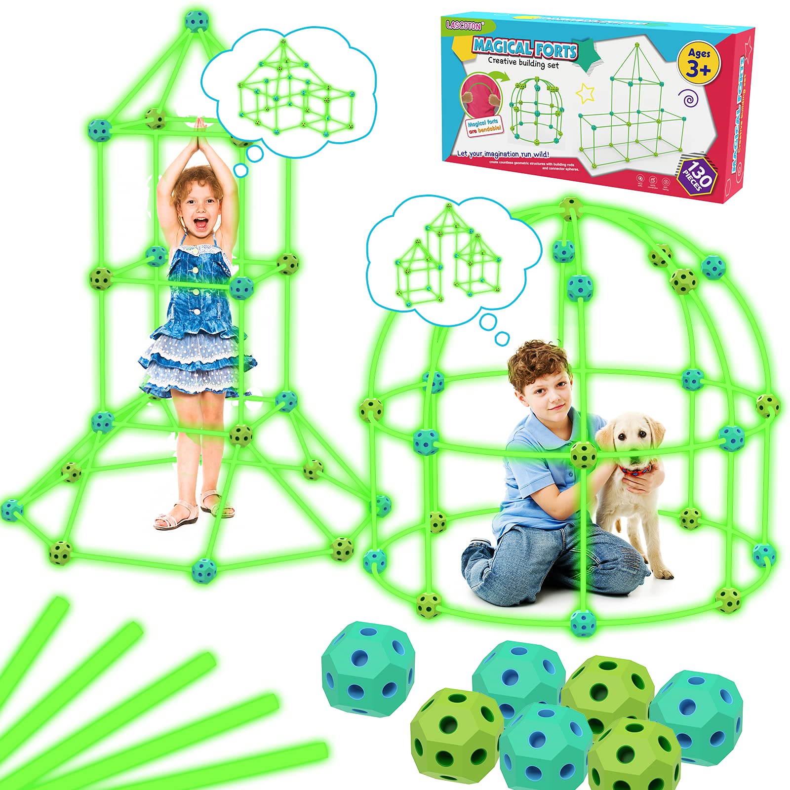 Upgraded Fort Building Kit, 130pcs Glow in The Dark Toys STEM Kids Toys for 6 7 8 9 Year Old Boys Gi