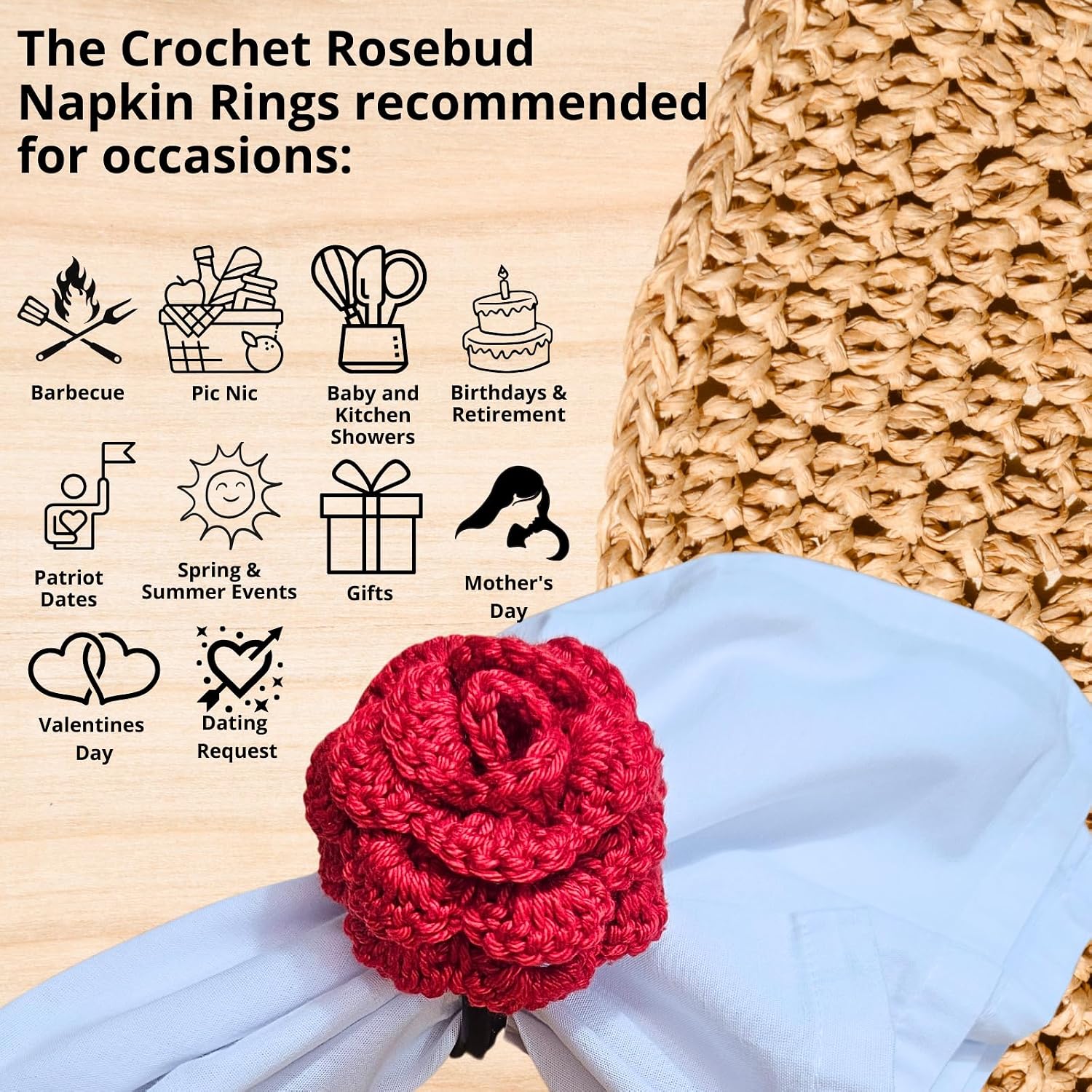 Maison Charlo Handmade Crochet Napkin Rings - 100% Cotton Thread, Set of 6, Perfect for Special Occasions (Red)