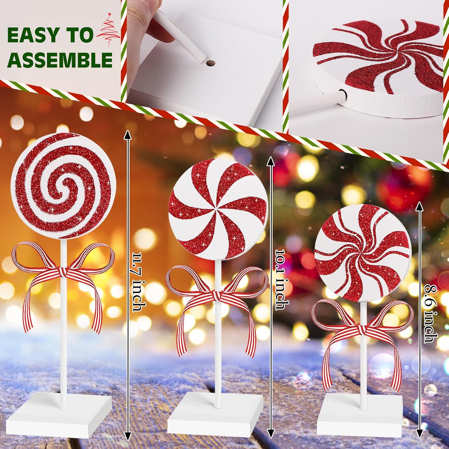 3 PCS Candy Cane Christmas Decorations,Wood Peppermint Table Decor image 4