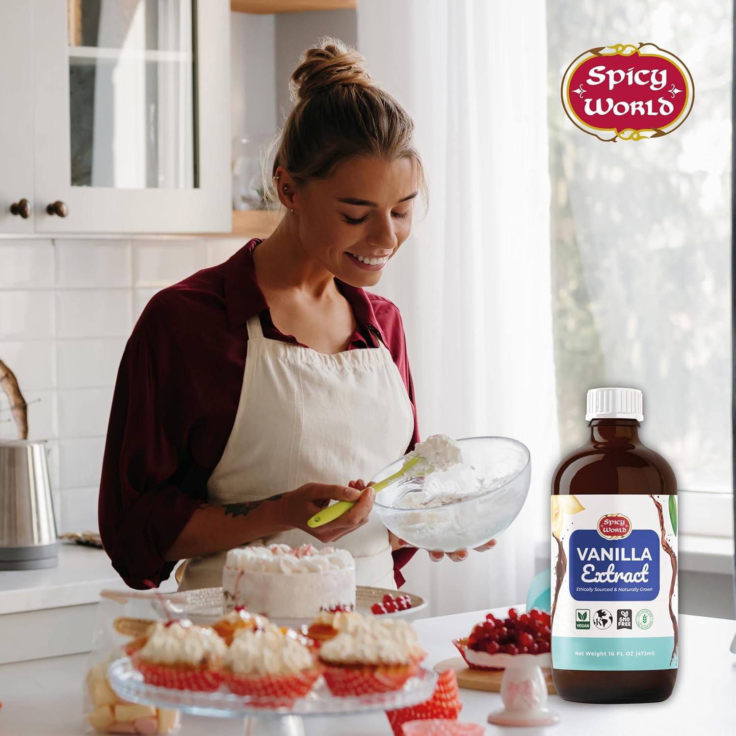 Spicy World Pure Vanilla Extract 16oz - 100% Real Vanilla Extract - For Cooking, Drinks & Desserts - 100% Vegan, Sugar Free & Kosher - Non-GMO & Gluten-Free - Glass Bottle (16 Ounce Bottle)