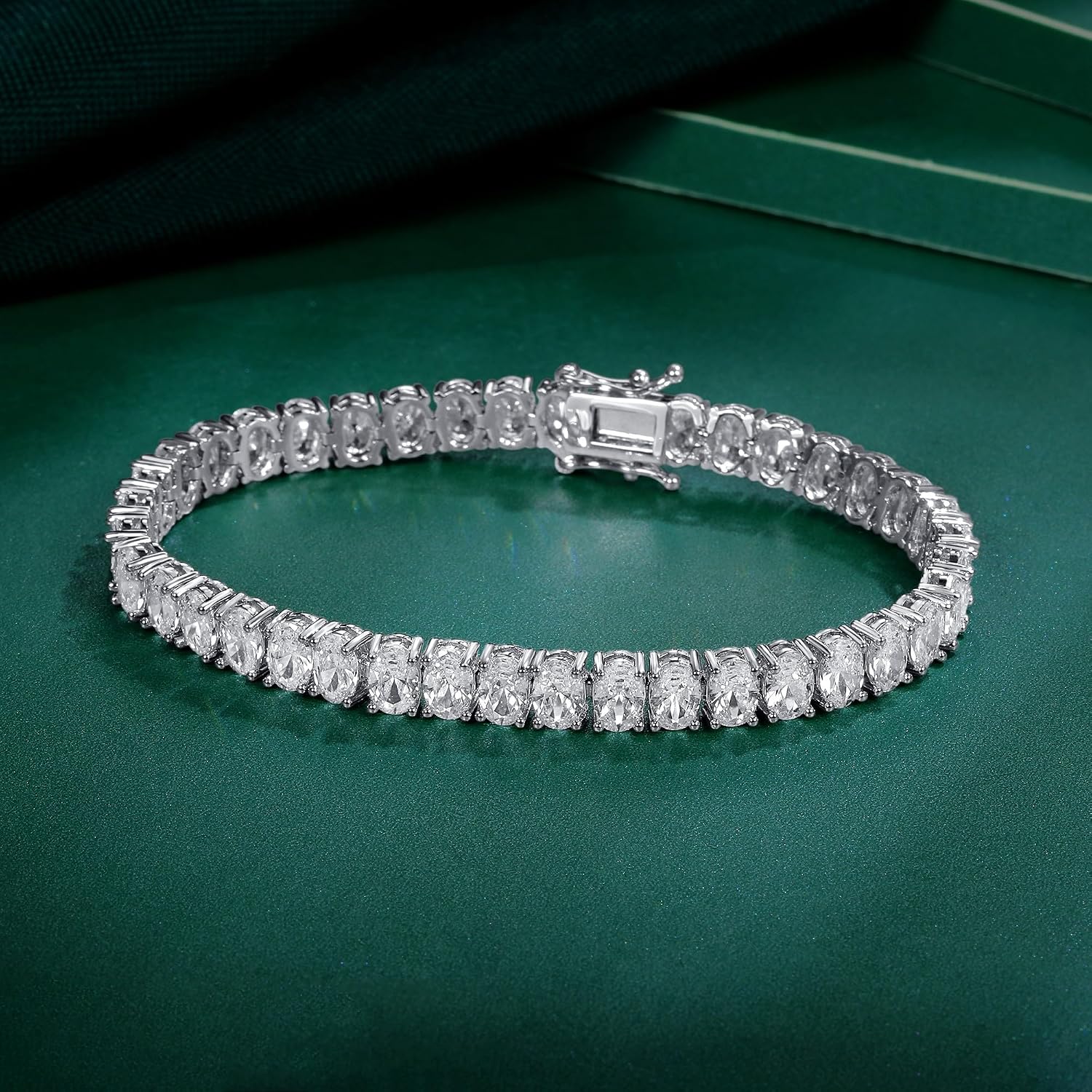 MDFUN 14K White Gold Plated Tennis Bracelet with Oval Cut Cubic Zirconias for Women Men, 6.5-7.5 inches