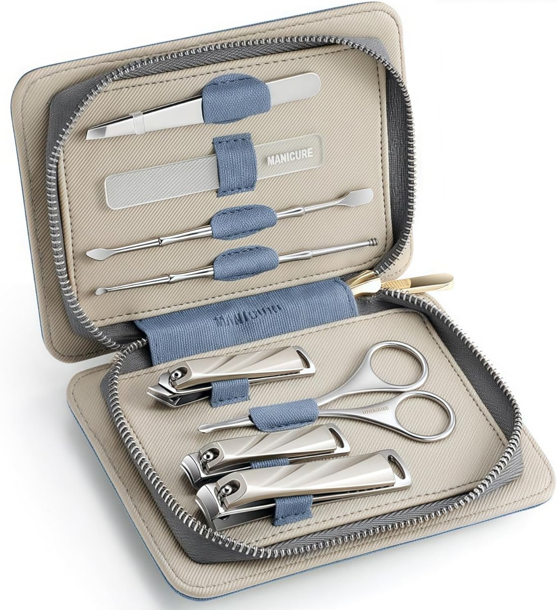 HAPPITON 8-Piece Manicure Pedicure Set-Stainless Steel Nail Clippers Toenail Fingernail Cutters with Travel Case Complete Grooming Kit (Blue)