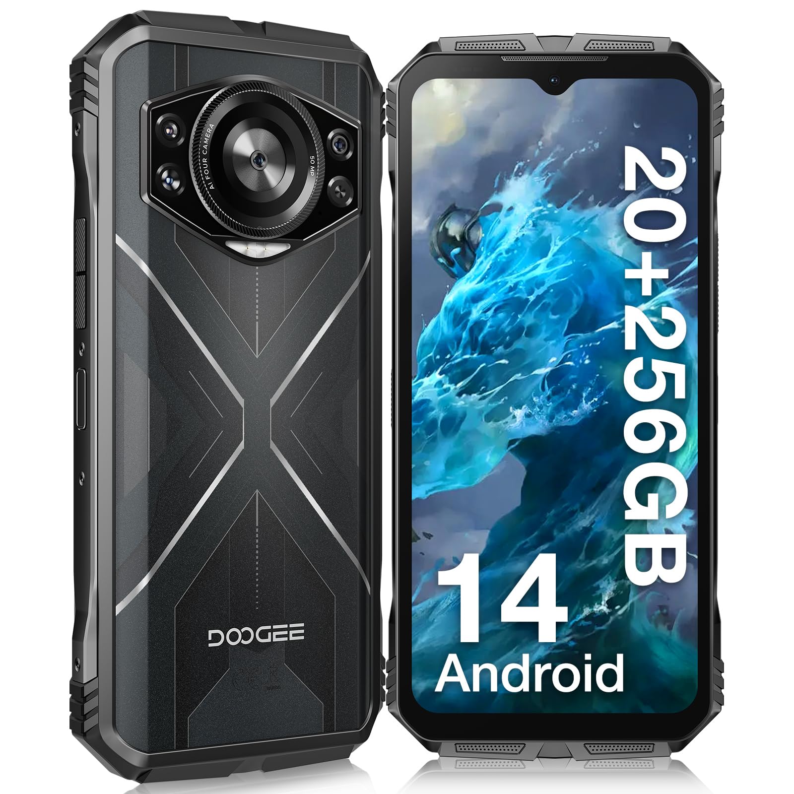 DOOGEE S Cyber Rugged Smartphone, Android 14, 10800mAh Battery Rugged Phone, 20GB RAM +256GB ROM, Expandable to 1TB, 6.58” FHD+ IPS, 50MP AI Camera, Dual SIM 4G, Face Unlock, NFC, OTG(Sliver)