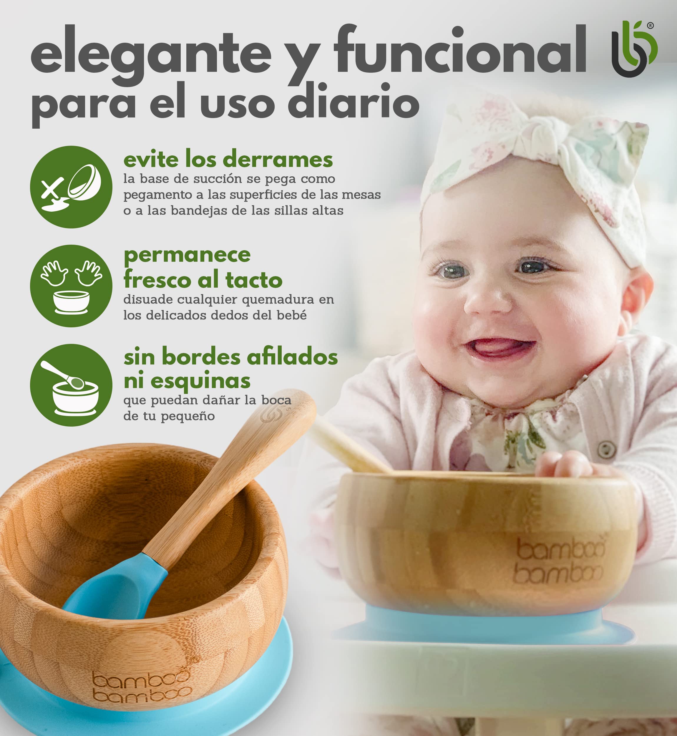 Set de Bowl adherente y cuchara para bebé en combinación, Bowl que no se despega de la mesa al comer, Bambú natural (Azul)