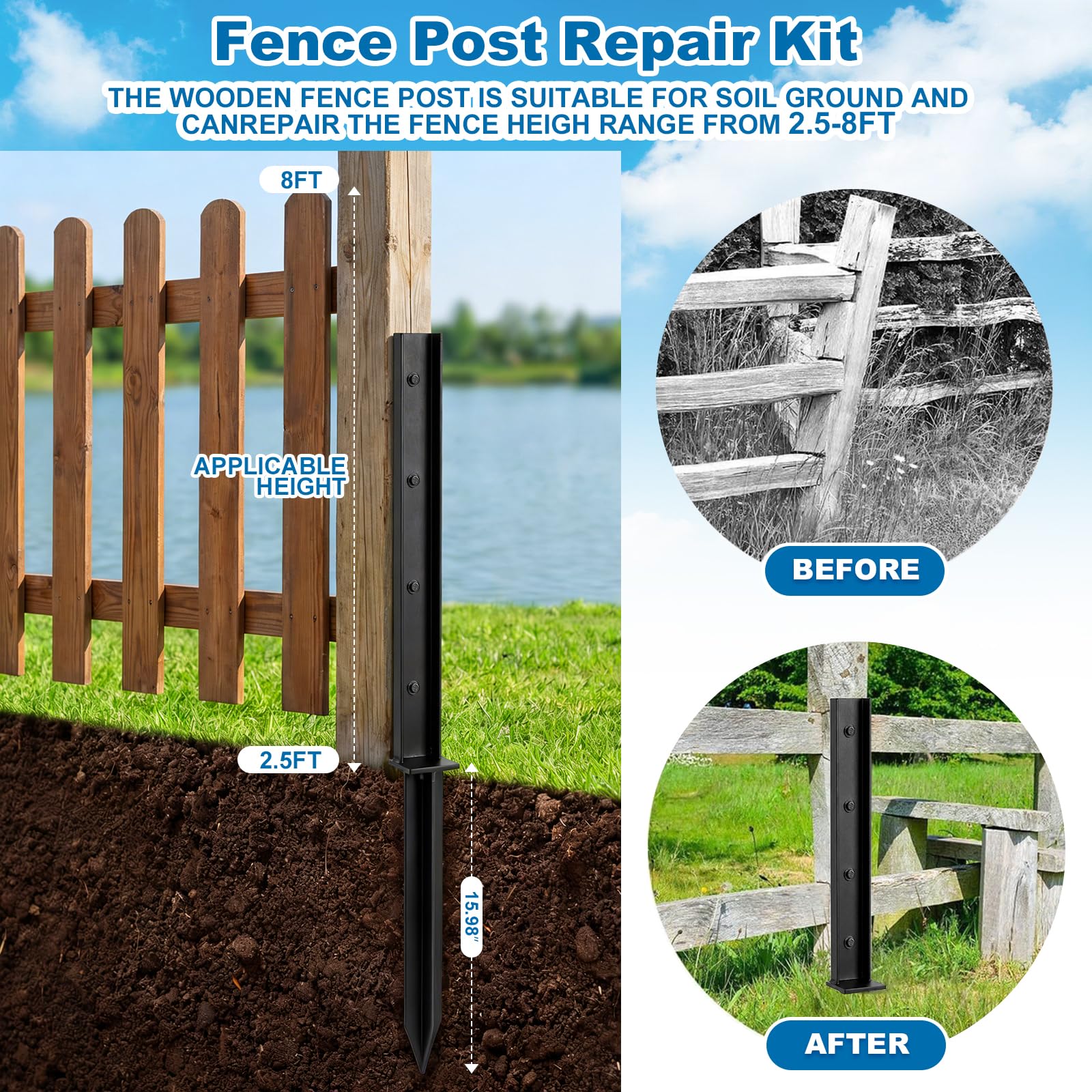 Kit Reparación Postes Valla 4 Piezas | Anclajes Acero Heavy Duty 81cm para Postes Madera | Repara Postes Torcidos, Sueltos y Podridos Sin Sustitución | Incluye Tornillos y Broca