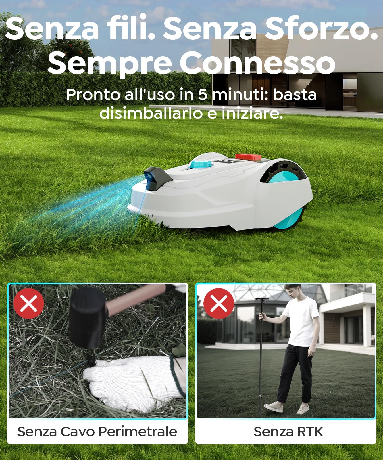 YARDCARE M800Plus Robot Tagliaerba Senza Filo Perimetrale, 800 m², Posizionamento GPS + Visione AI, Robot Tosaerba, Modalità di Taglio a U, Rilevamento di 150 Ostacoli, Ricarica Automatica, App