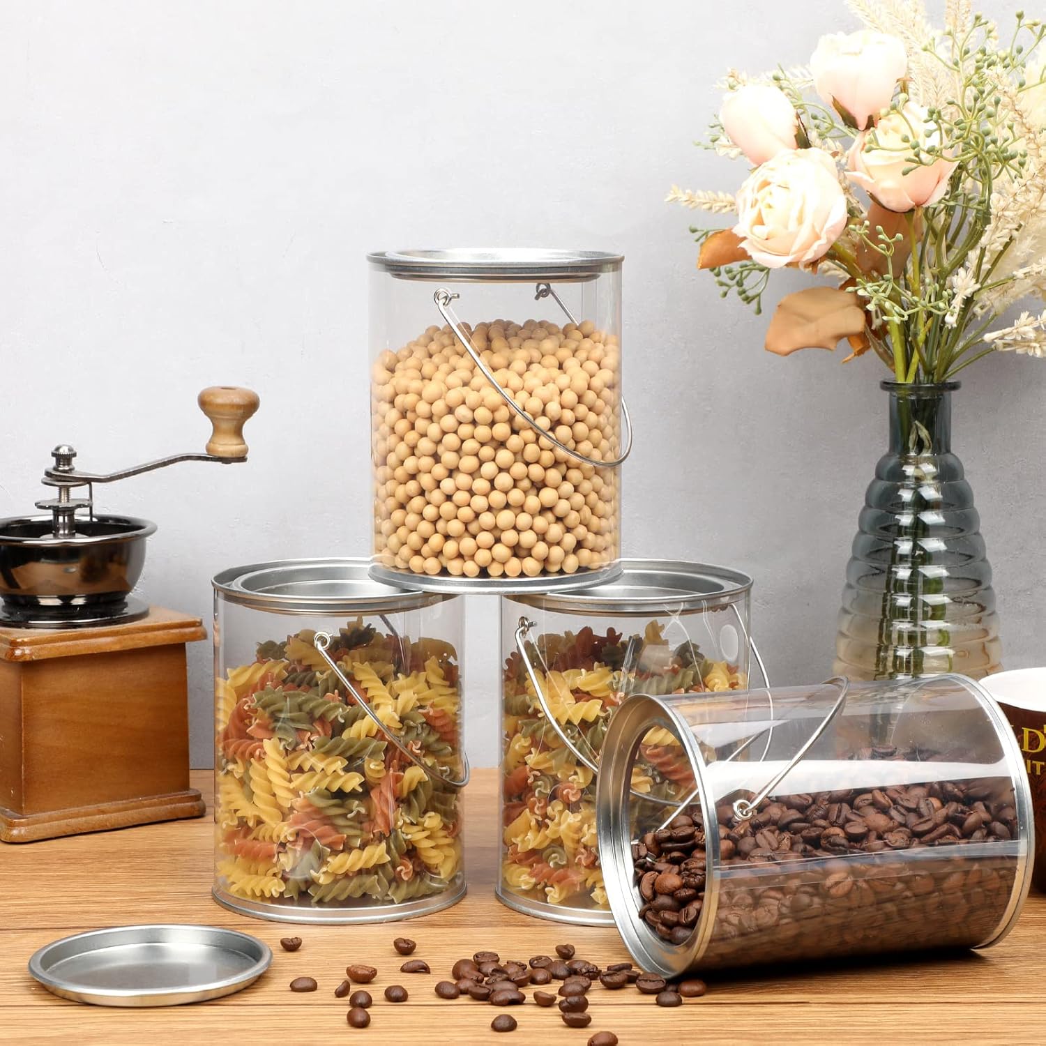 Yalikop 12 Pack Clear Paint Cans with Metal Lids, Plastic Empty Storage Bucket Paint Can Containers and Handle for Putting Candy, Party Favors Cans, Decor and DIY Projects (5 Inch Tall)