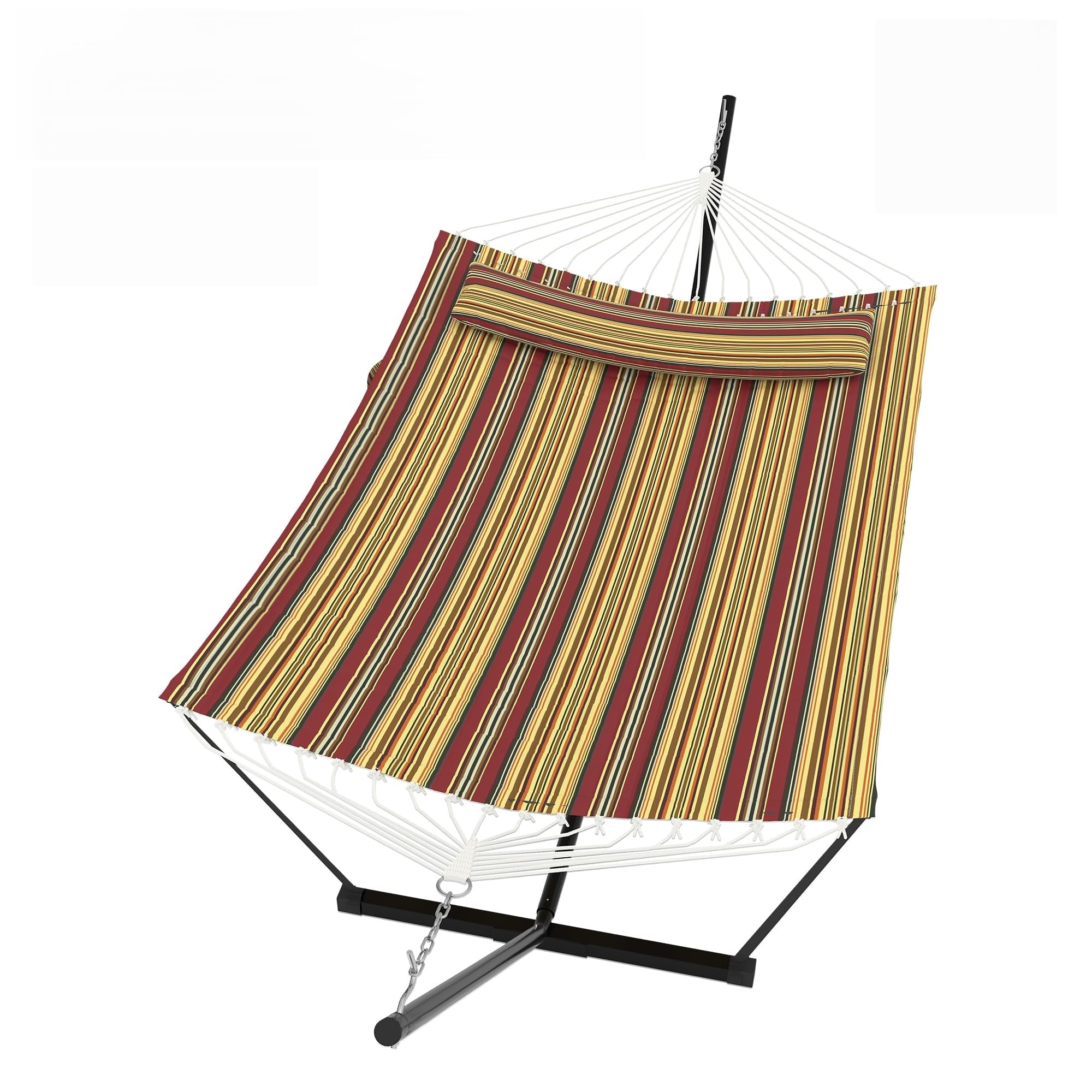 Garveehome Red And Yellow Striped ﻿ 2 Person Hammock With Stand For Outside, Double Hammock With Stand And Pillow, Max 450 Lbs Capacity With Balance Rope, Large Hammock For Outdoor Patio Backyard Poolside (Red And Yellow Striped)