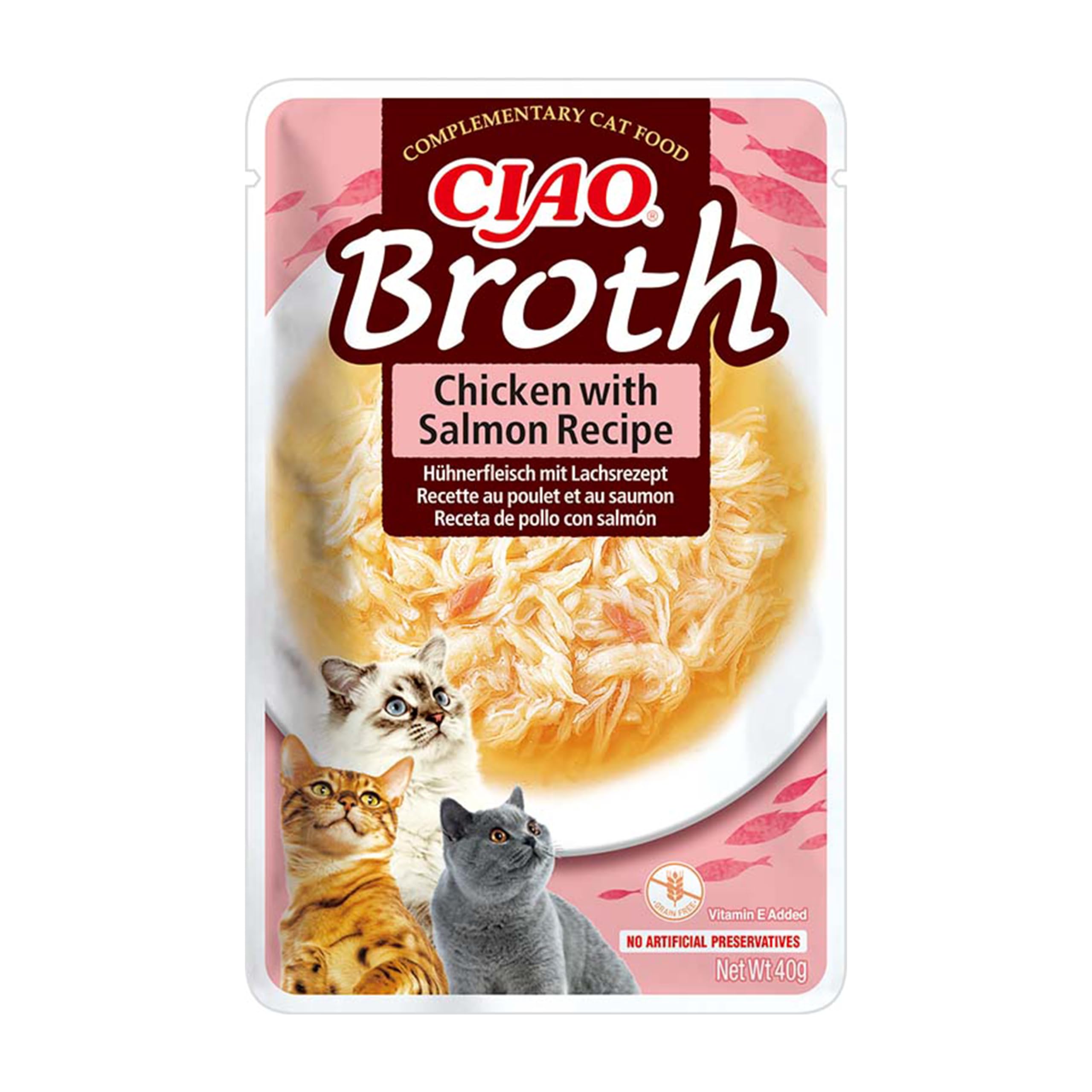 Ciao Broth by INABA Wet Cat Food - Chicken with Salmon - 1 Pack (40g total) / Moist Treat, Delicious & Healthy Snack, Food Topper, Side Dish, Complement, Natural, Grain Free, Wet Cat Food