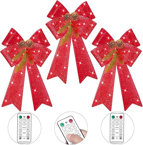 WILLBOND 3 lazos de Navidad preiluminados para decoración de árbol de Navidad con luz LED, color rojo claro, con función de temporizador, lazos de