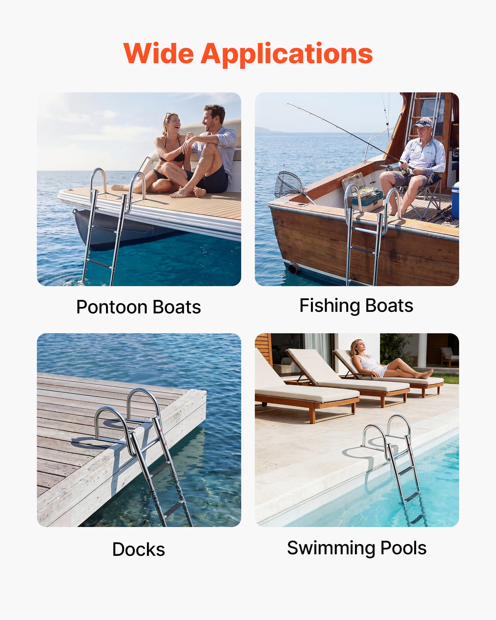 VEVOR Échelle de Bateau 4 Marches en Acier Inoxydable, Échelle de Baignade Pliante et Télescopique avec Mains Courantes pour Bateau Hors-Bord, Yacht et Ponton, Charge 272,16 kg, Marches Antidérapantes