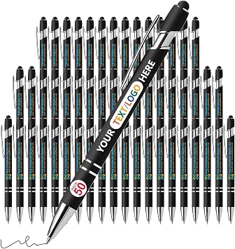 50 Pack Personalized Pens with Stylus - Custom Full-Color Logo, Name & Message -Black Ink, Smooth Writing - Great Gift for Office, Teachers, and Students & Corporate Events, Black