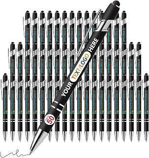 50 Pack Personalized Pens with Stylus - Custom Full-Color Logo, Name & Message -Black Ink, Smooth Writing - Great Gift for Office, Teachers, and Students & Corporate Events, Black